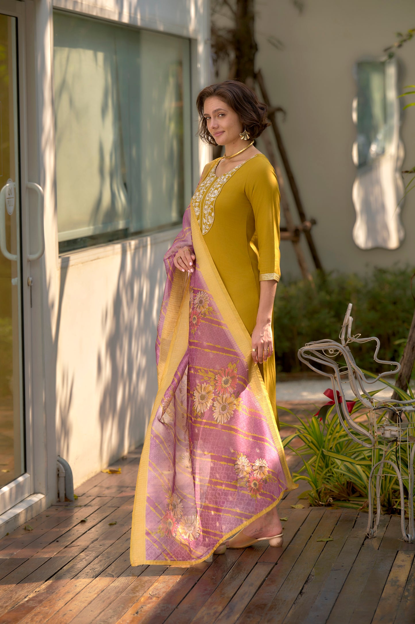 Yellow-Mustard Viscose-Rayon Embroidered Kurta Set with Printed Organza Dupatta