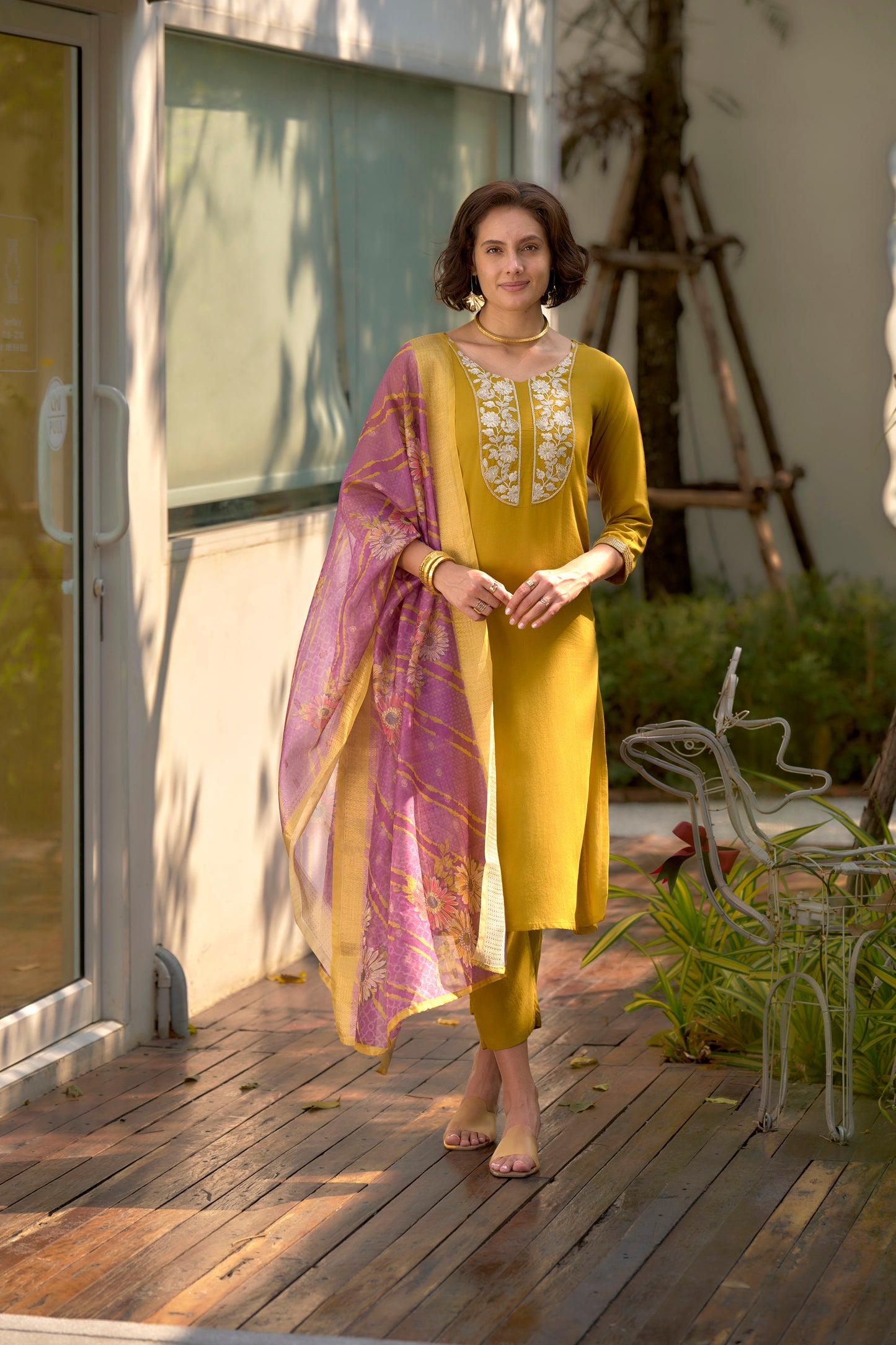Yellow-Mustard Viscose-Rayon Embroidered Kurta Set with Printed Organza Dupatta
