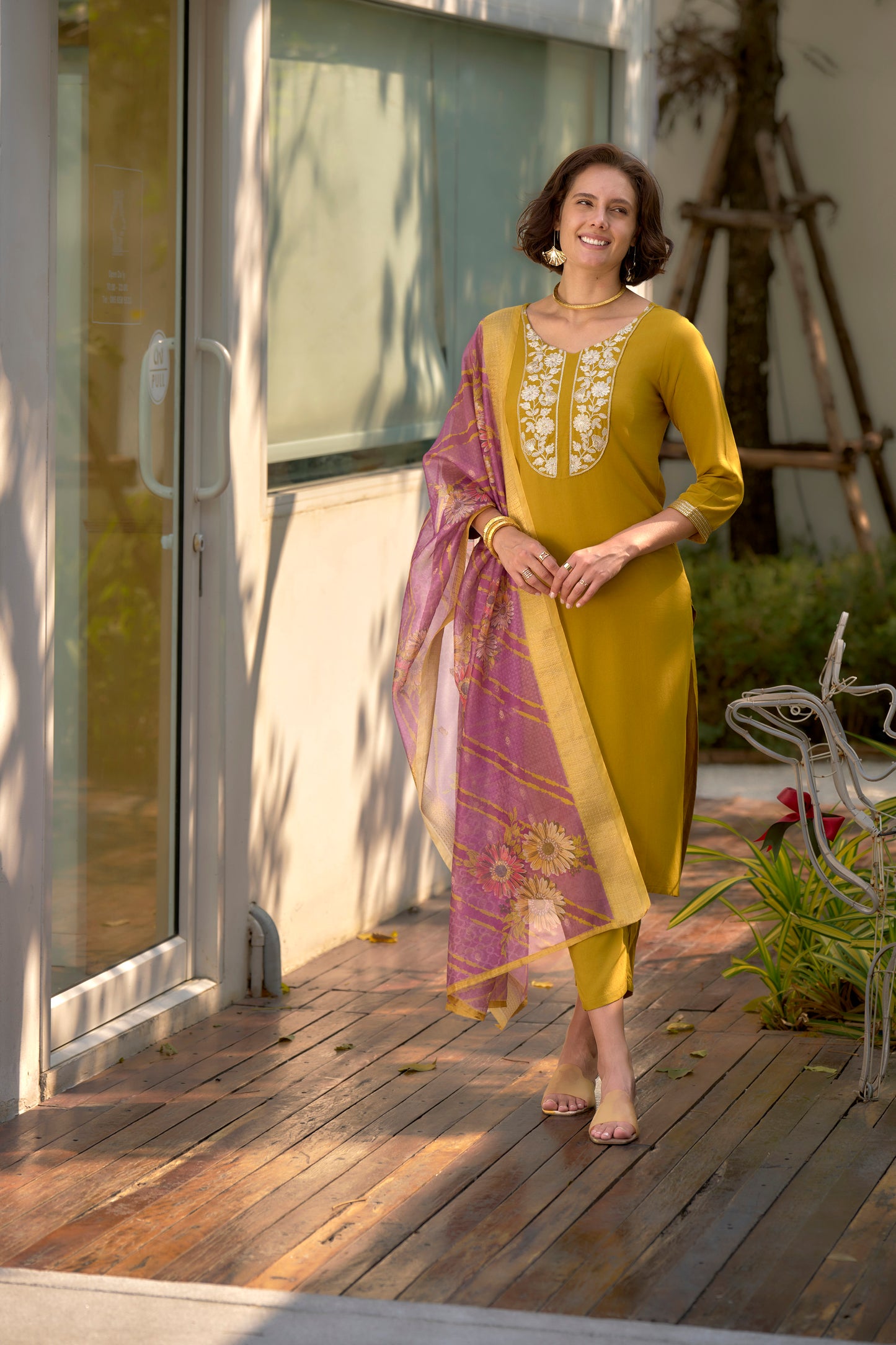 Yellow-Mustard Viscose-Rayon Embroidered Kurta Set with Printed Organza Dupatta