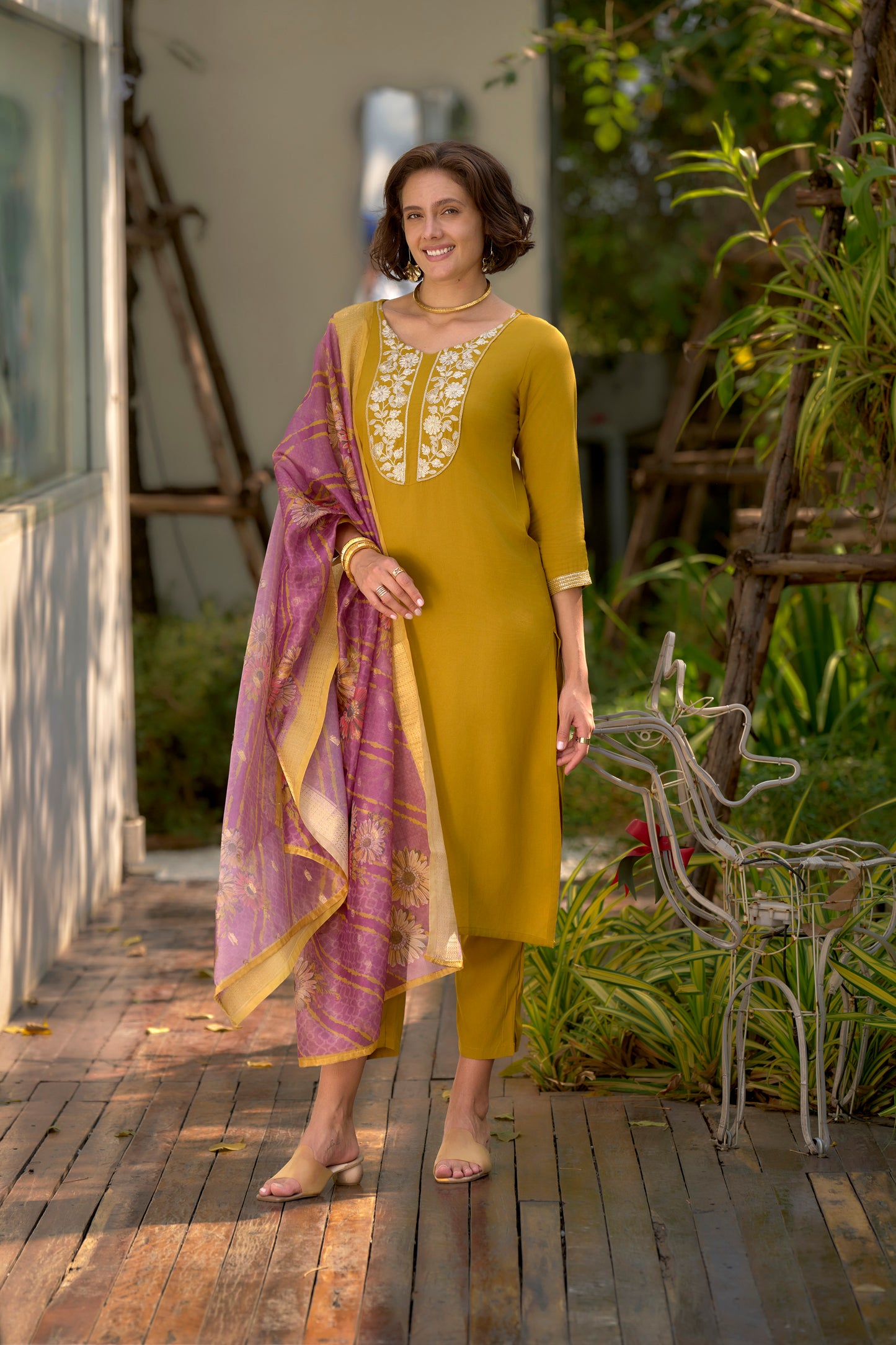 Yellow-Mustard Viscose-Rayon Embroidered Kurta Set with Printed Organza Dupatta