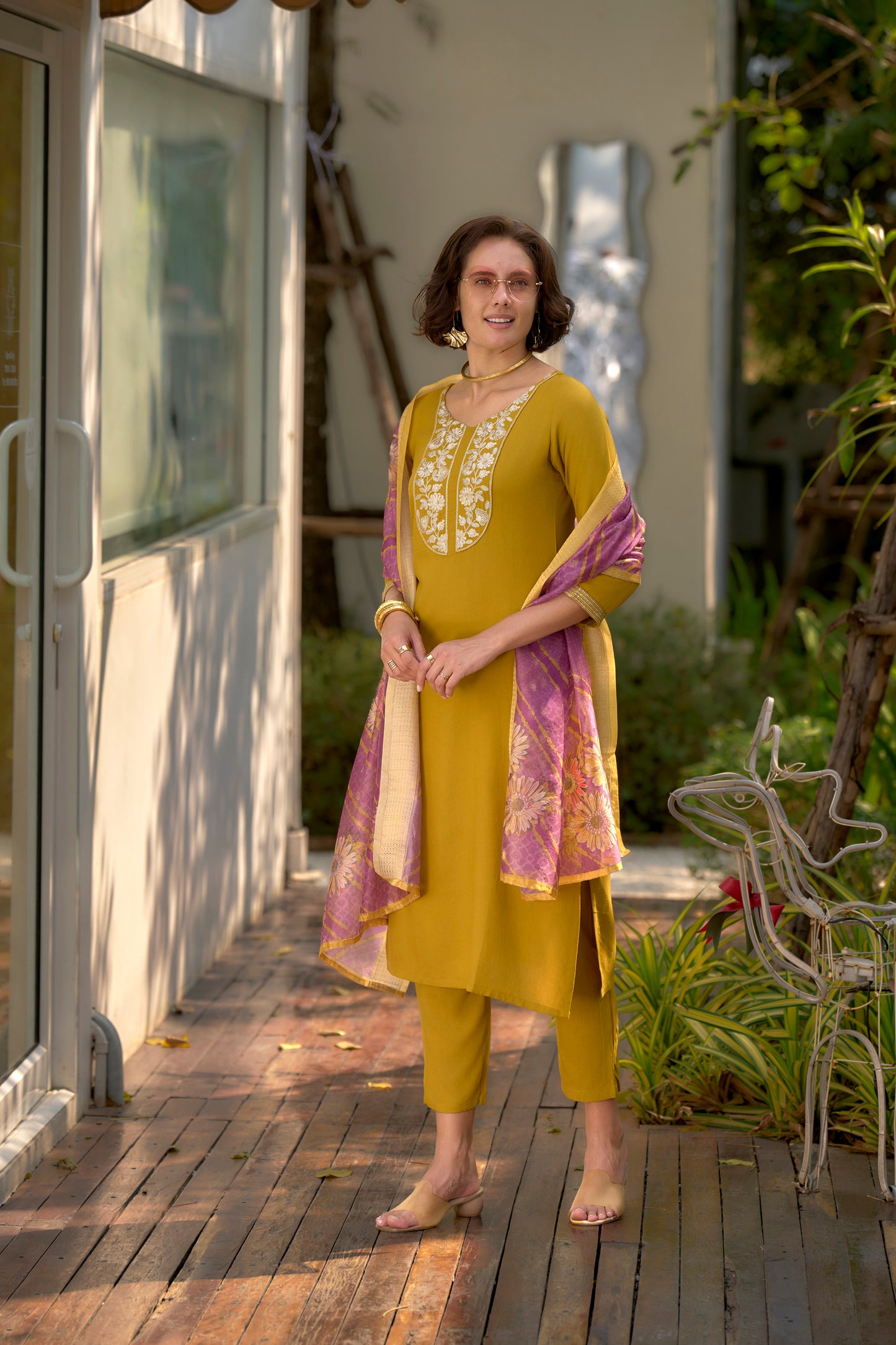 Yellow-Mustard Viscose-Rayon Embroidered Kurta Set with Printed Organza Dupatta
