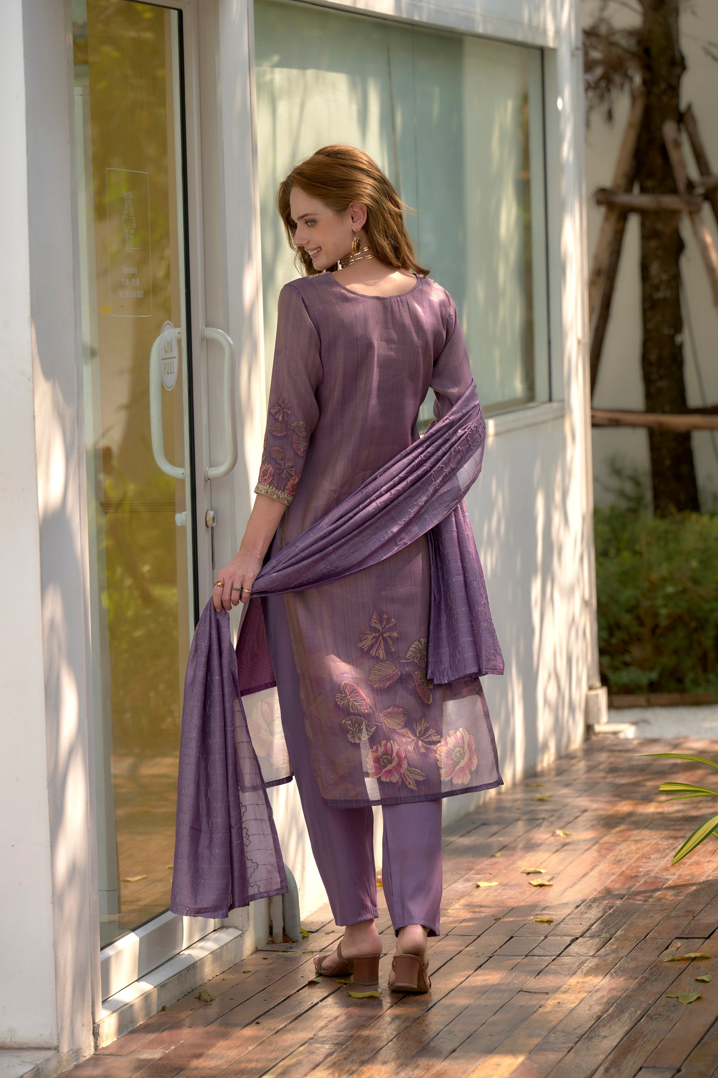 Purple Tissue Floral Embroidered Kurta Set with Viscose Dupatta & Pant