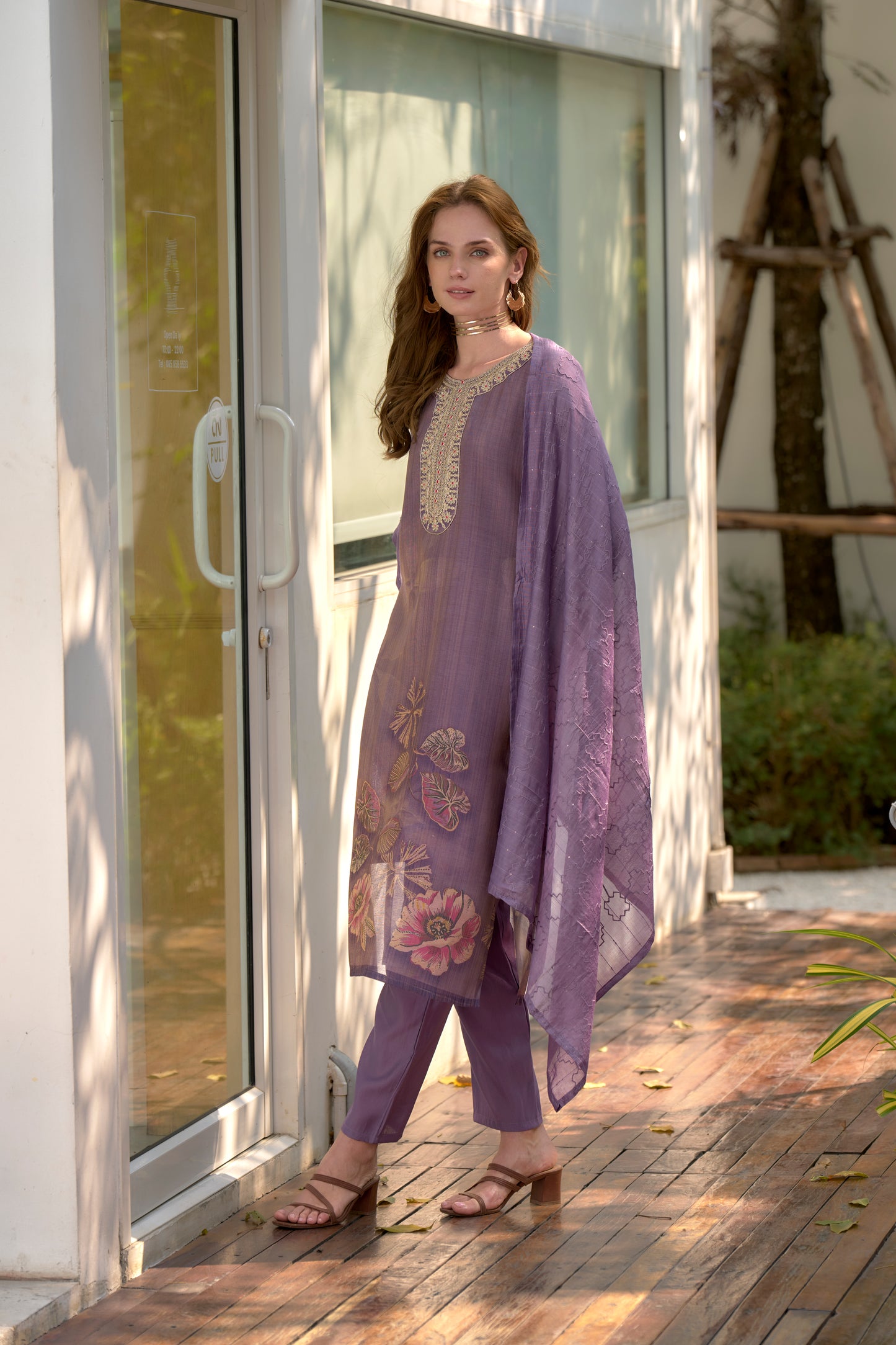 Purple Tissue Floral Embroidered Kurta Set with Viscose Dupatta & Pant