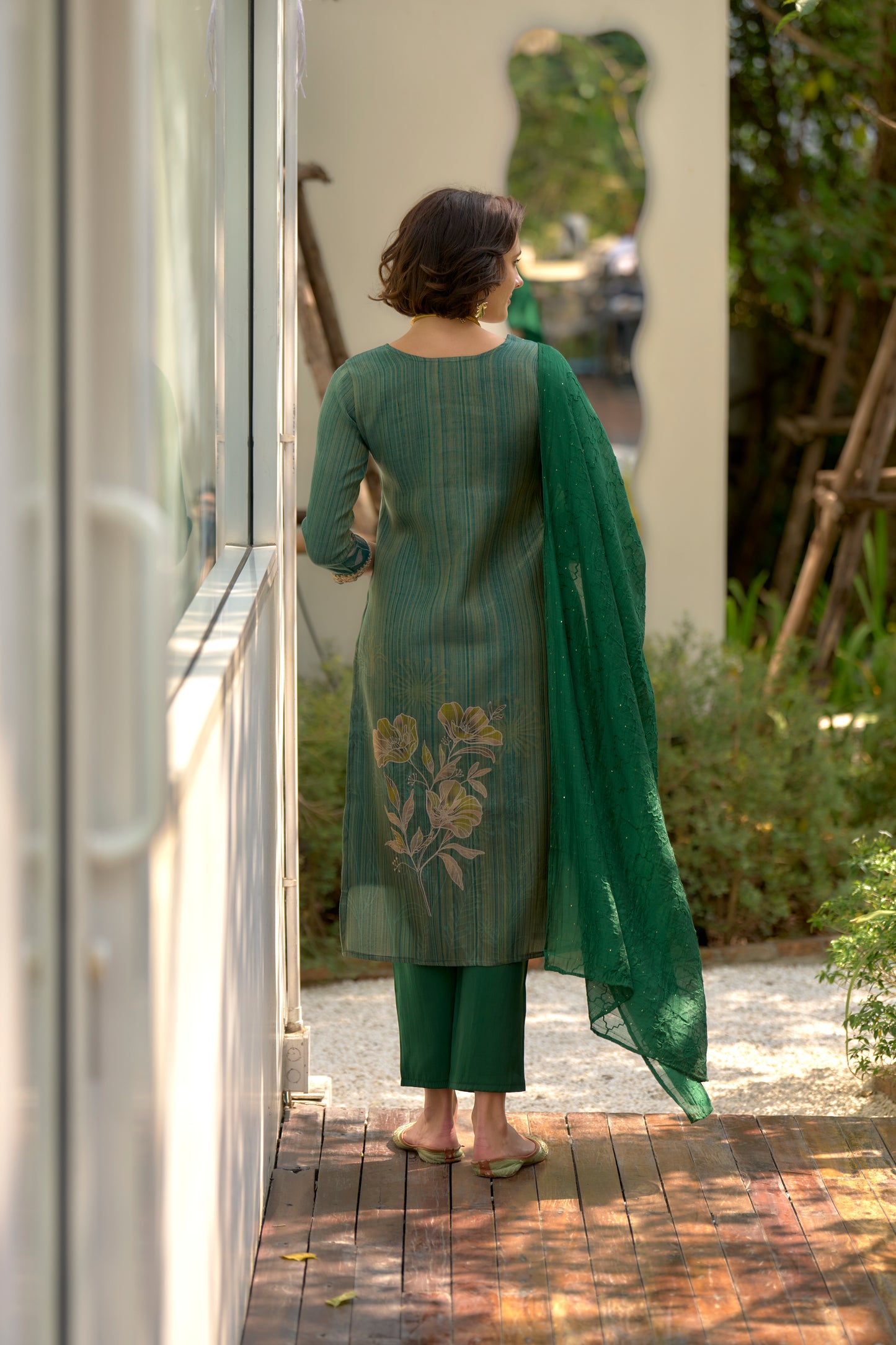 Green Tissue Floral Embroidered Kurta Set with Viscose Dupatta & Pant