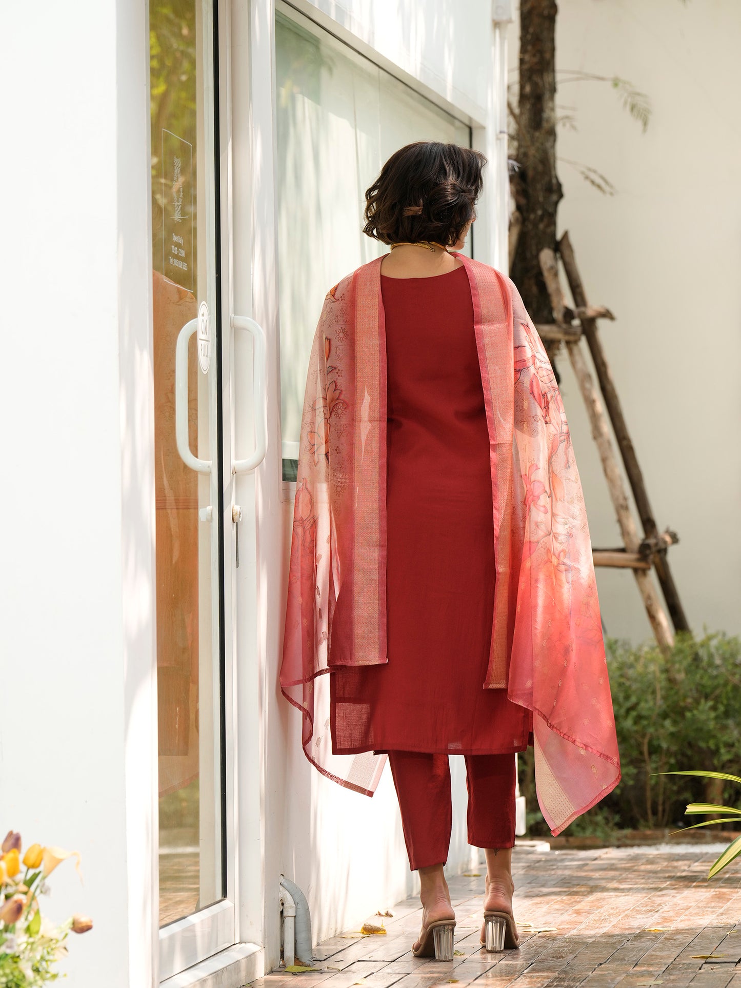 Red Embroidered Roman Fabric Kurta Set with Printed Organza Dupatta
