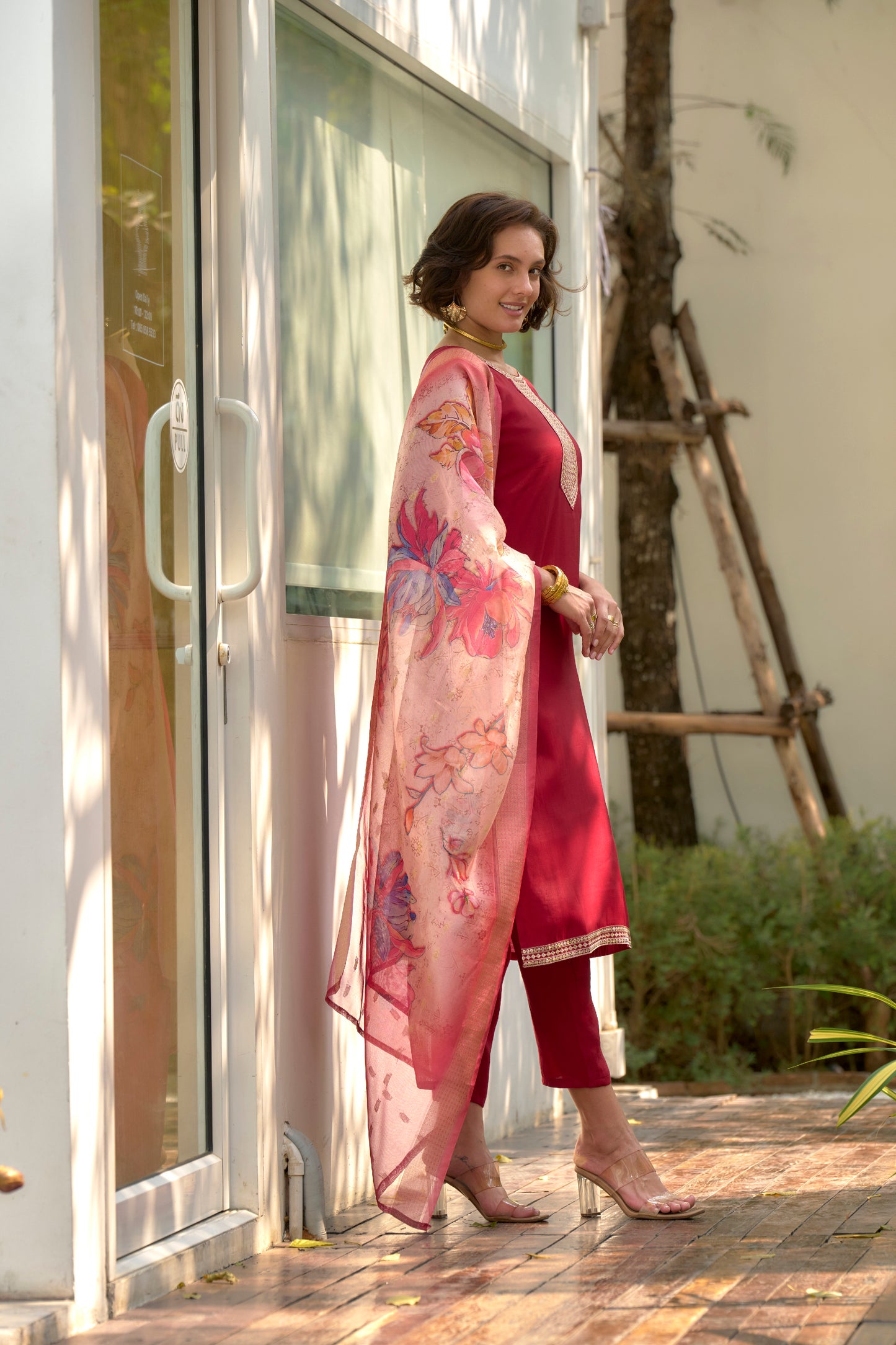 Red Embroidered Roman Fabric Kurta Set with Printed Organza Dupatta