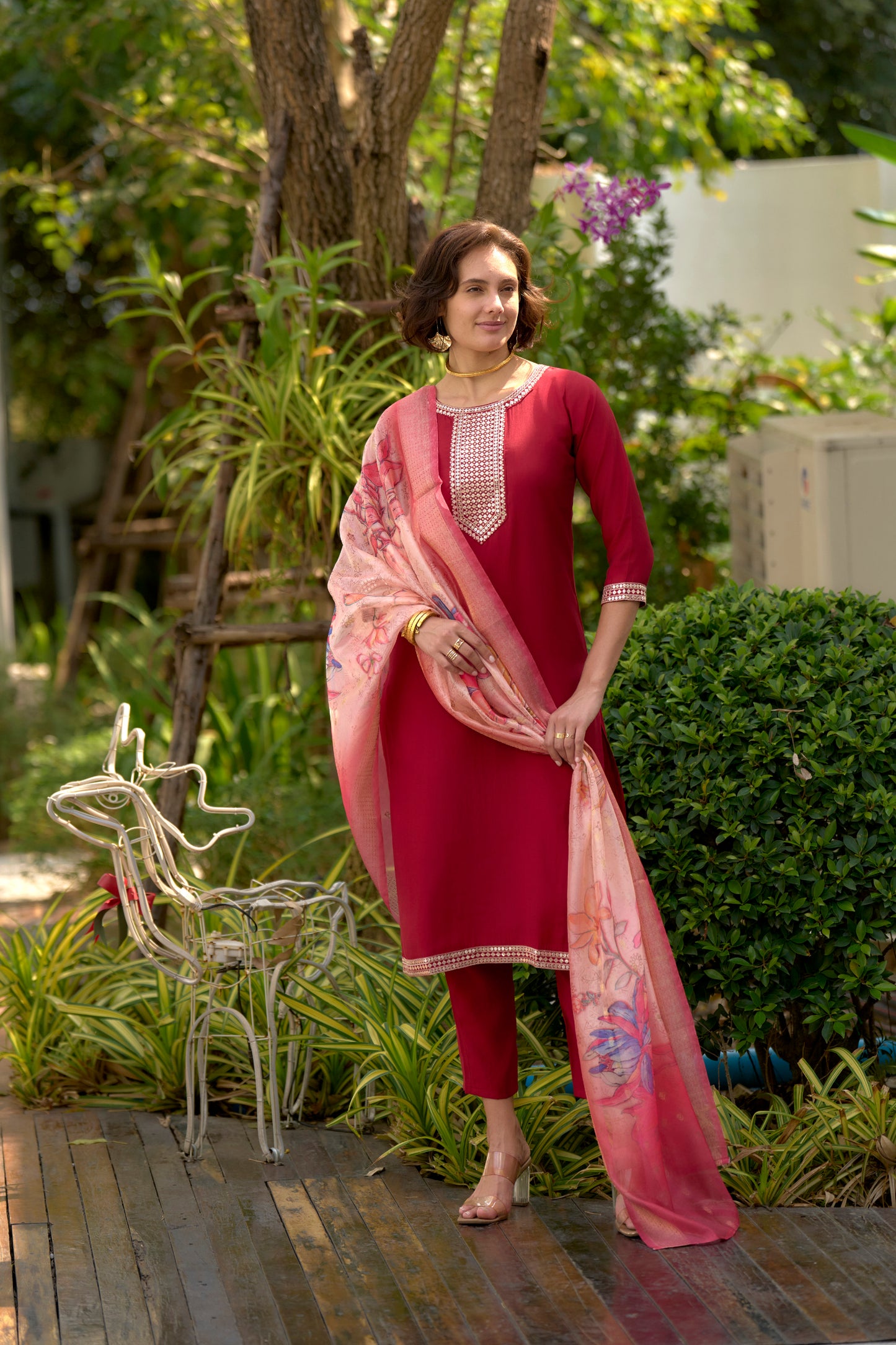Red Embroidered Roman Fabric Kurta Set with Printed Organza Dupatta