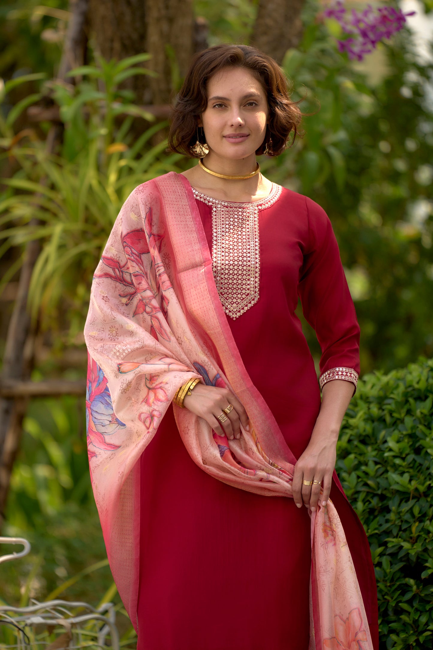 Red Embroidered Roman Fabric Kurta Set with Printed Organza Dupatta