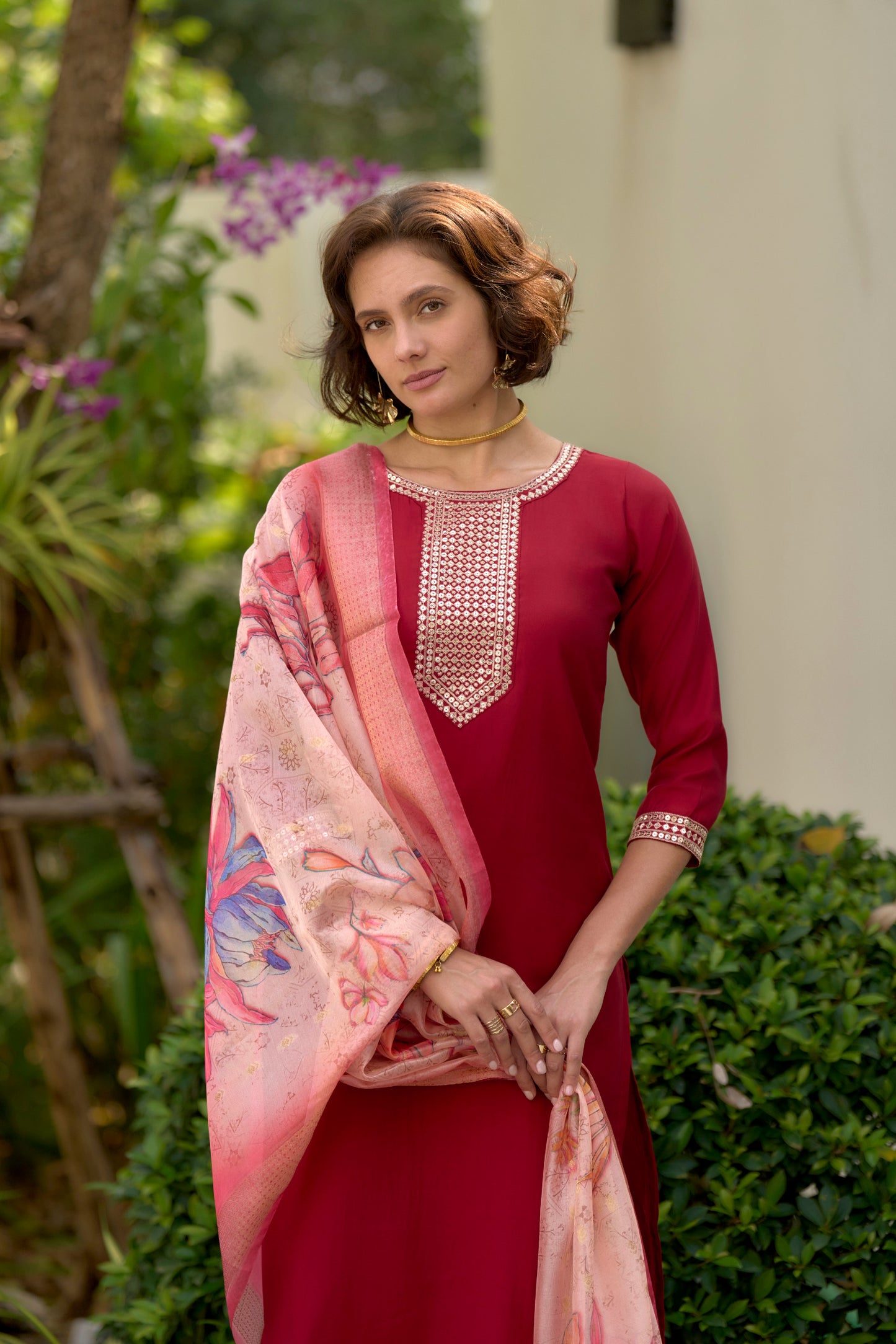 Red Embroidered Roman Fabric Kurta Set with Printed Organza Dupatta