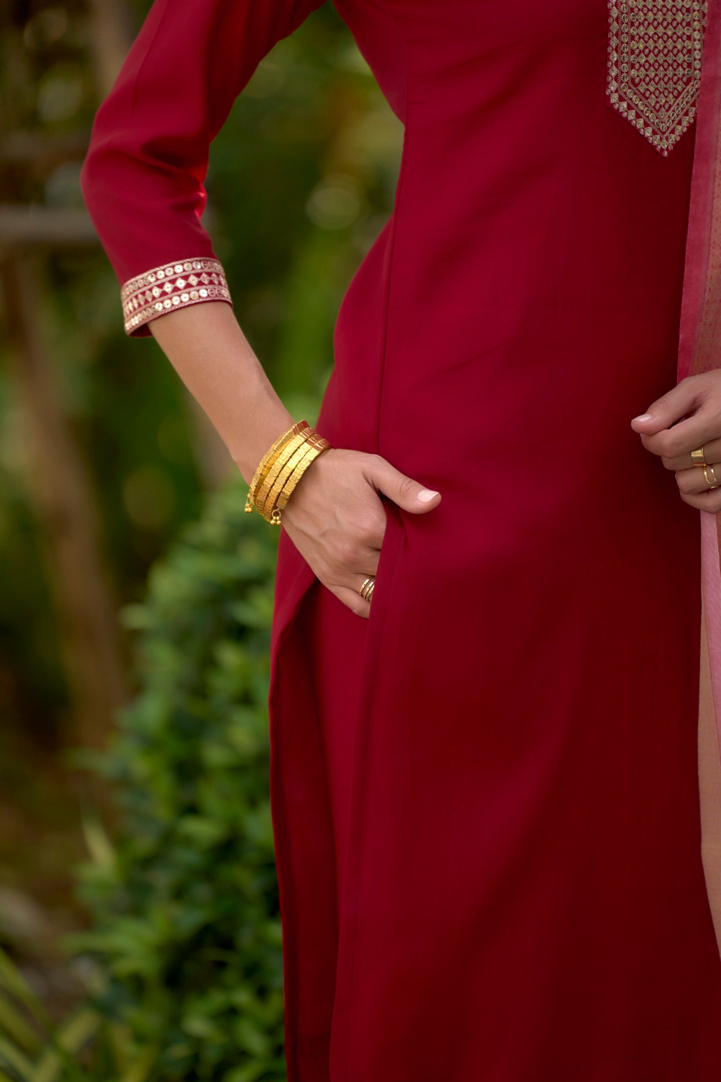 Red Embroidered Roman Fabric Kurta Set with Printed Organza Dupatta