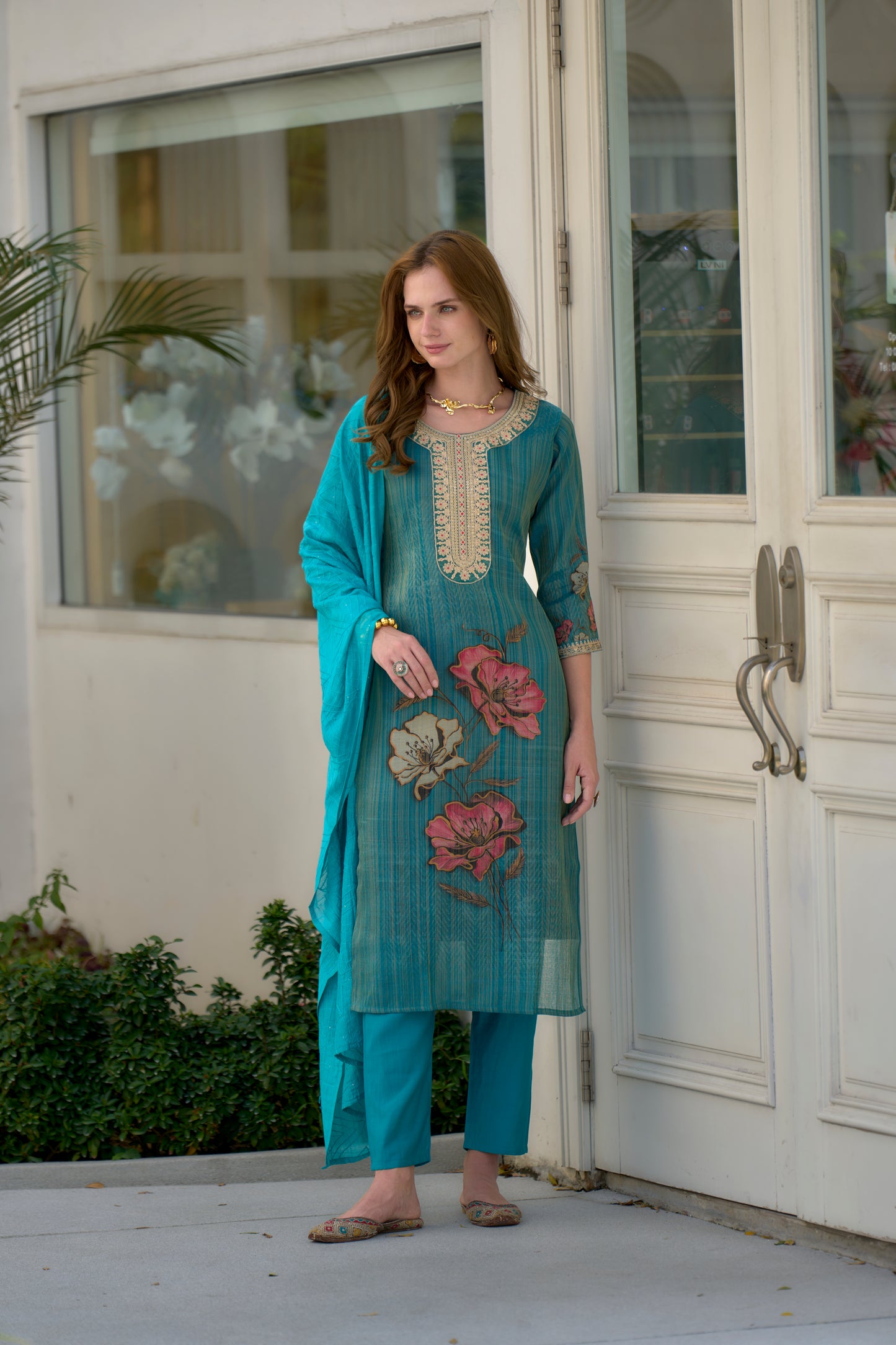 Rama Tissue Floral Embroidered Kurta Set with Viscose Dupatta & Pant