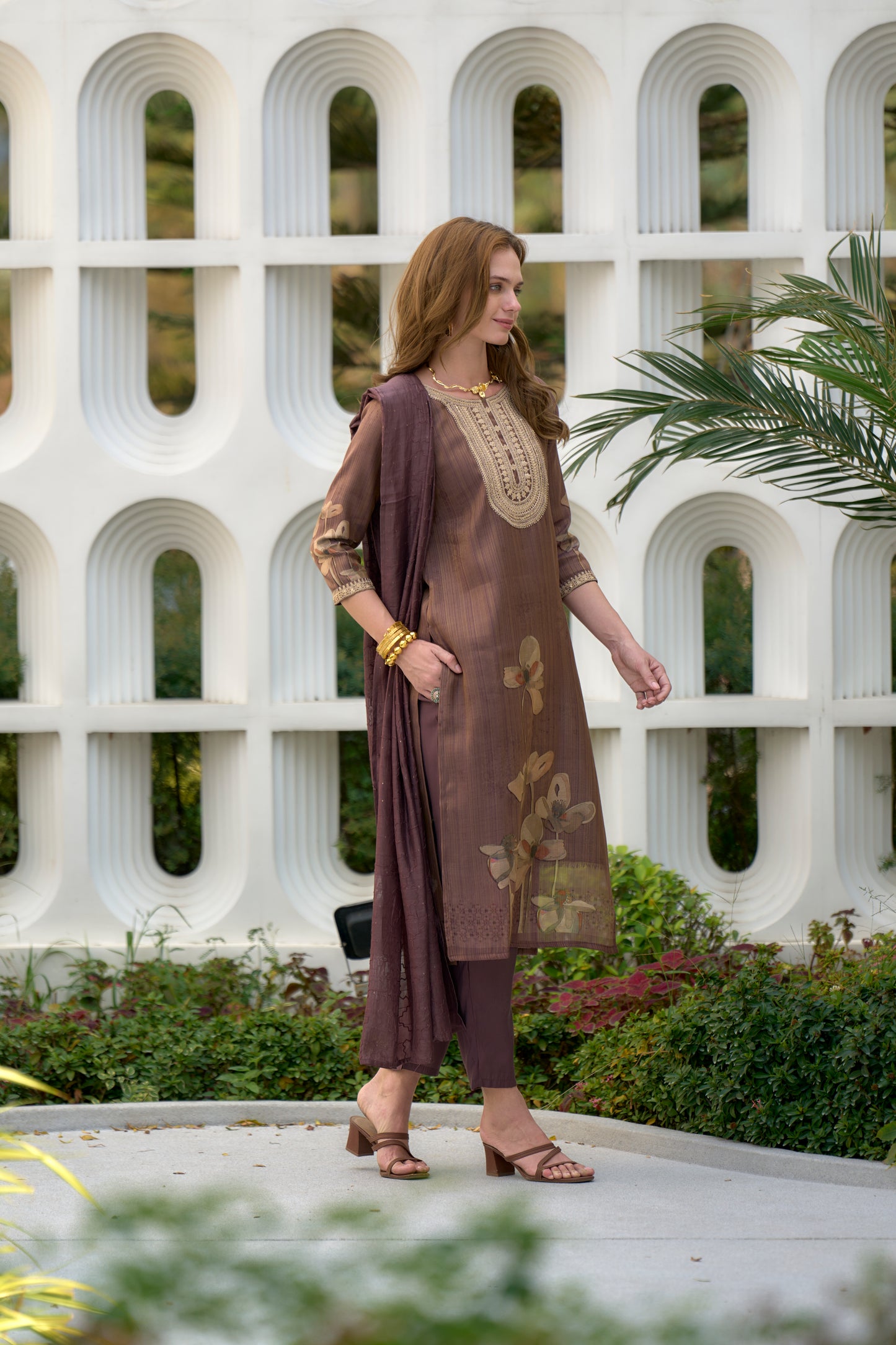 Brown Tissue Kurta Set with Embroidery and Viscose Dupatta & Pant