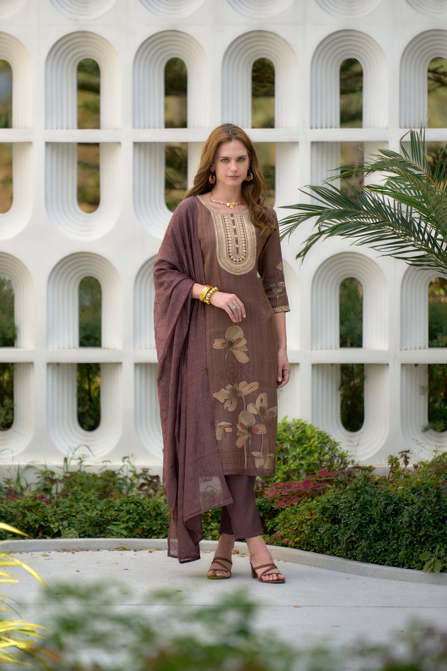 Brown Tissue Kurta Set with Embroidery and Viscose Dupatta & Pant