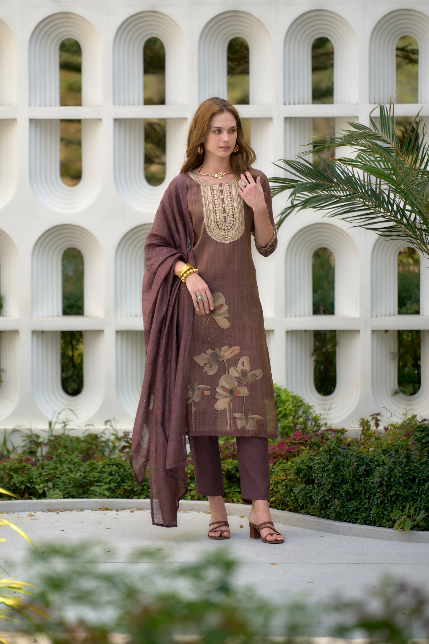 Brown Tissue Kurta Set with Embroidery and Viscose Dupatta & Pant