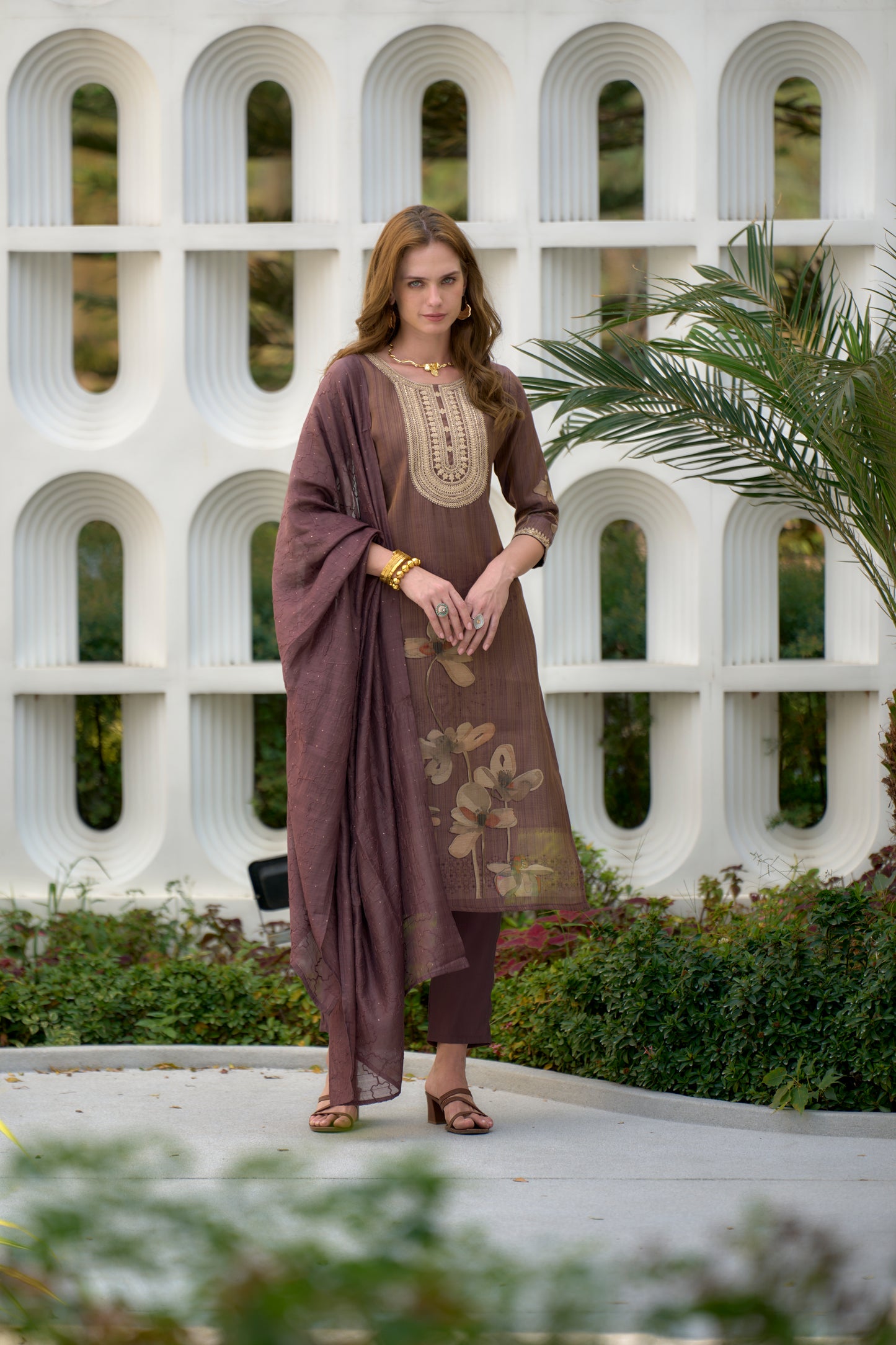 Brown Tissue Kurta Set with Embroidery and Viscose Dupatta & Pant