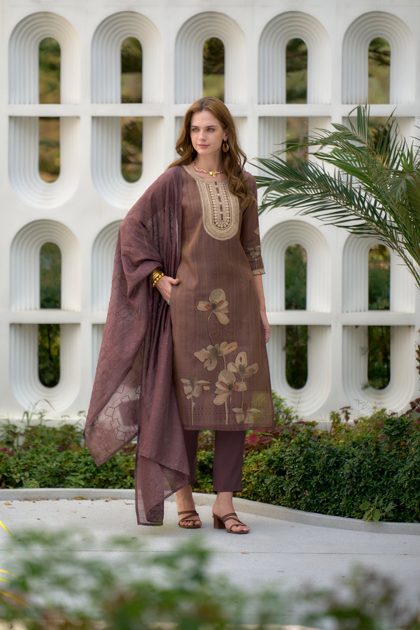 Brown Tissue Kurta Set with Embroidery and Viscose Dupatta & Pant