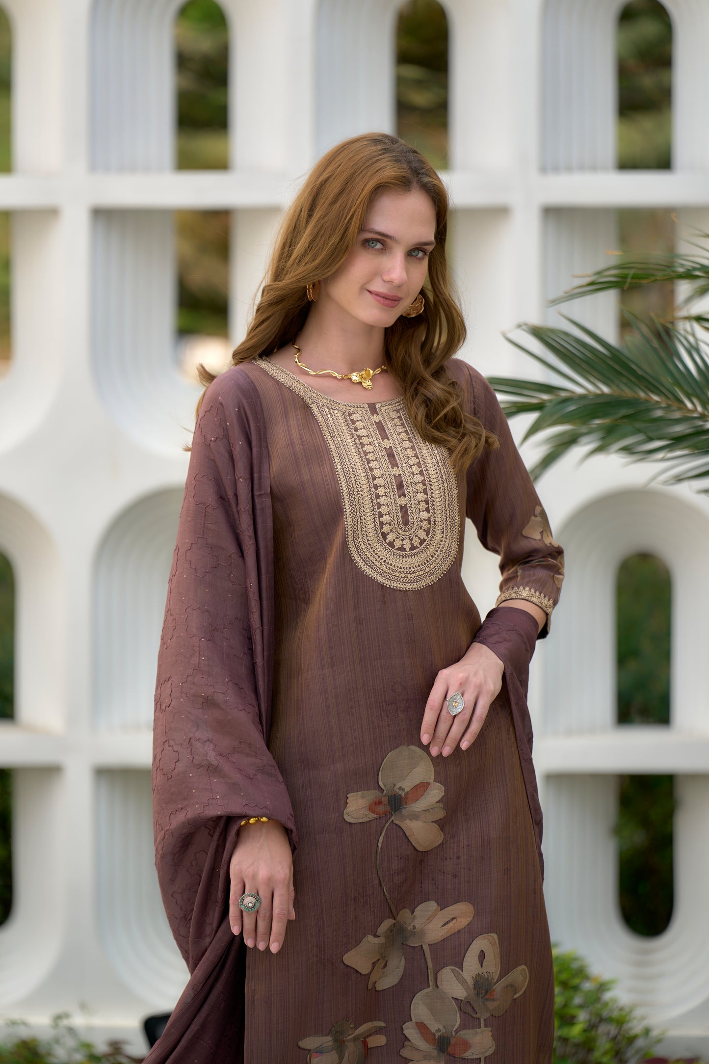 Brown Tissue Kurta Set with Embroidery and Viscose Dupatta & Pant
