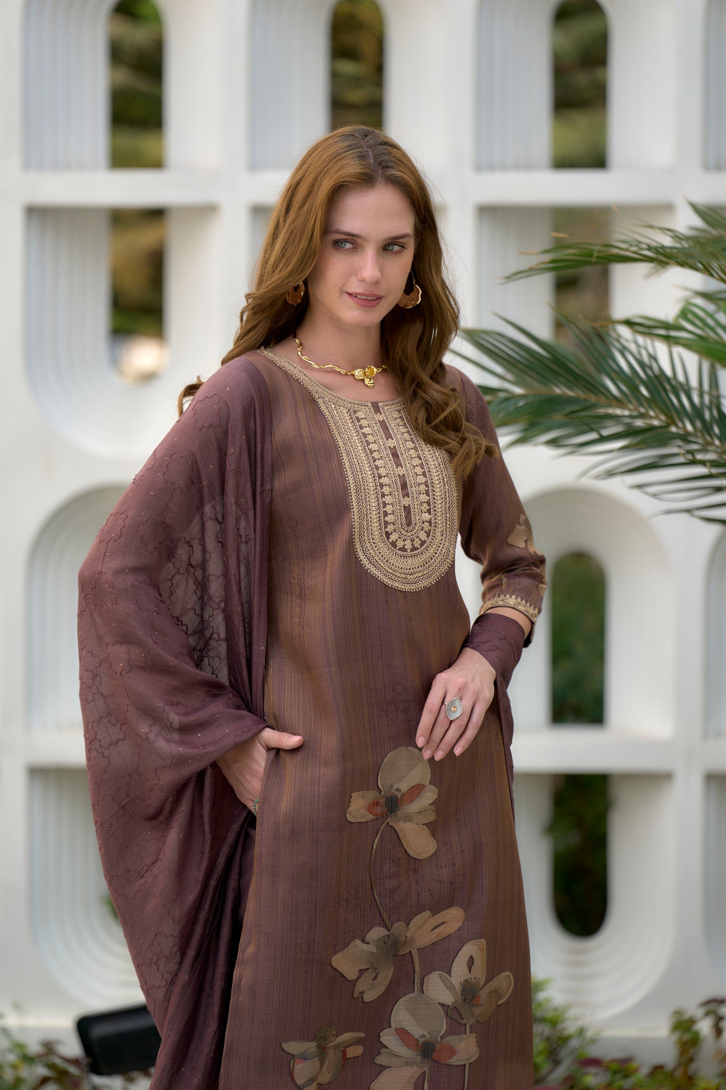 Brown Tissue Kurta Set with Embroidery and Viscose Dupatta & Pant