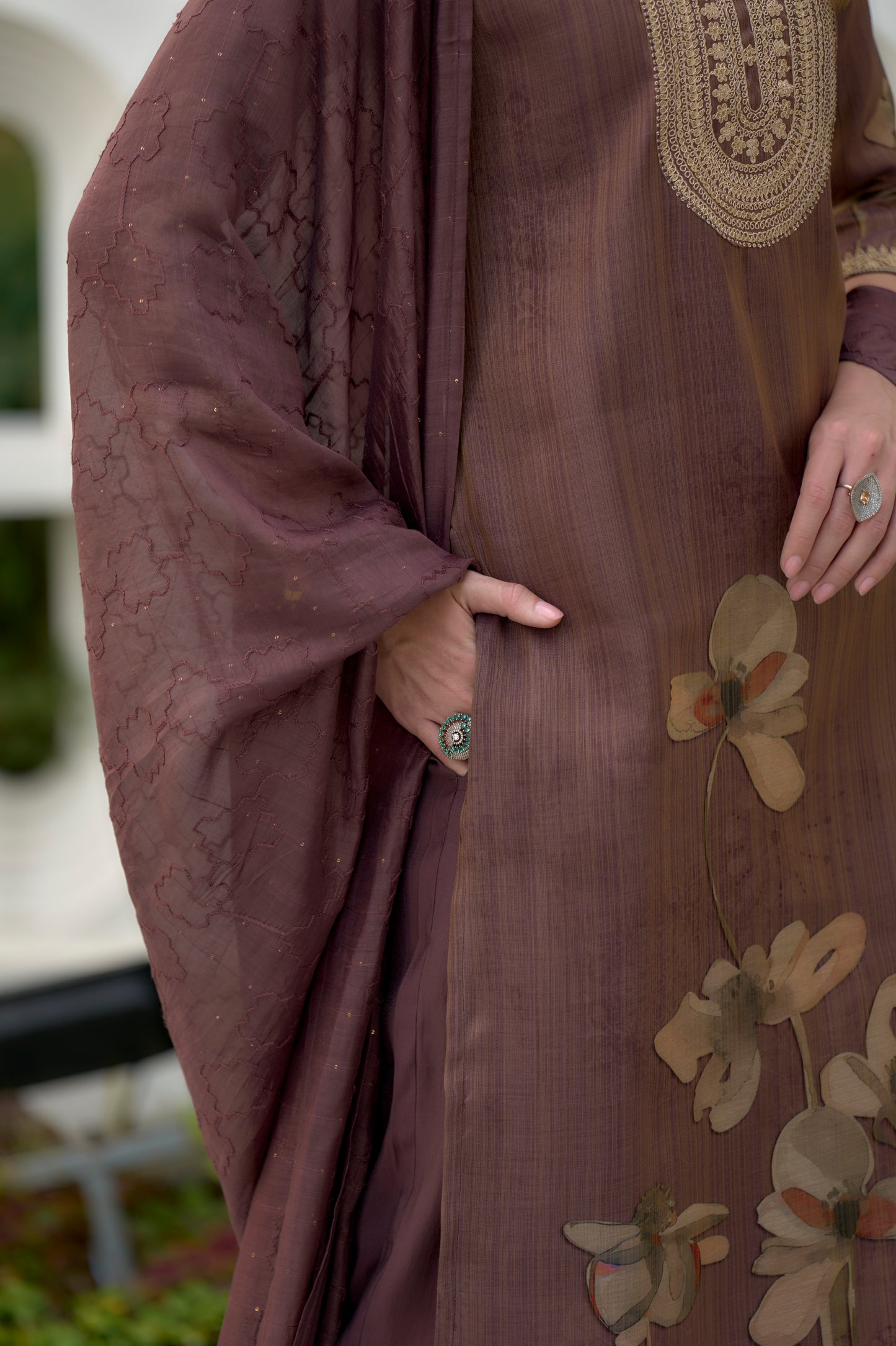 Brown Tissue Kurta Set with Embroidery and Viscose Dupatta & Pant