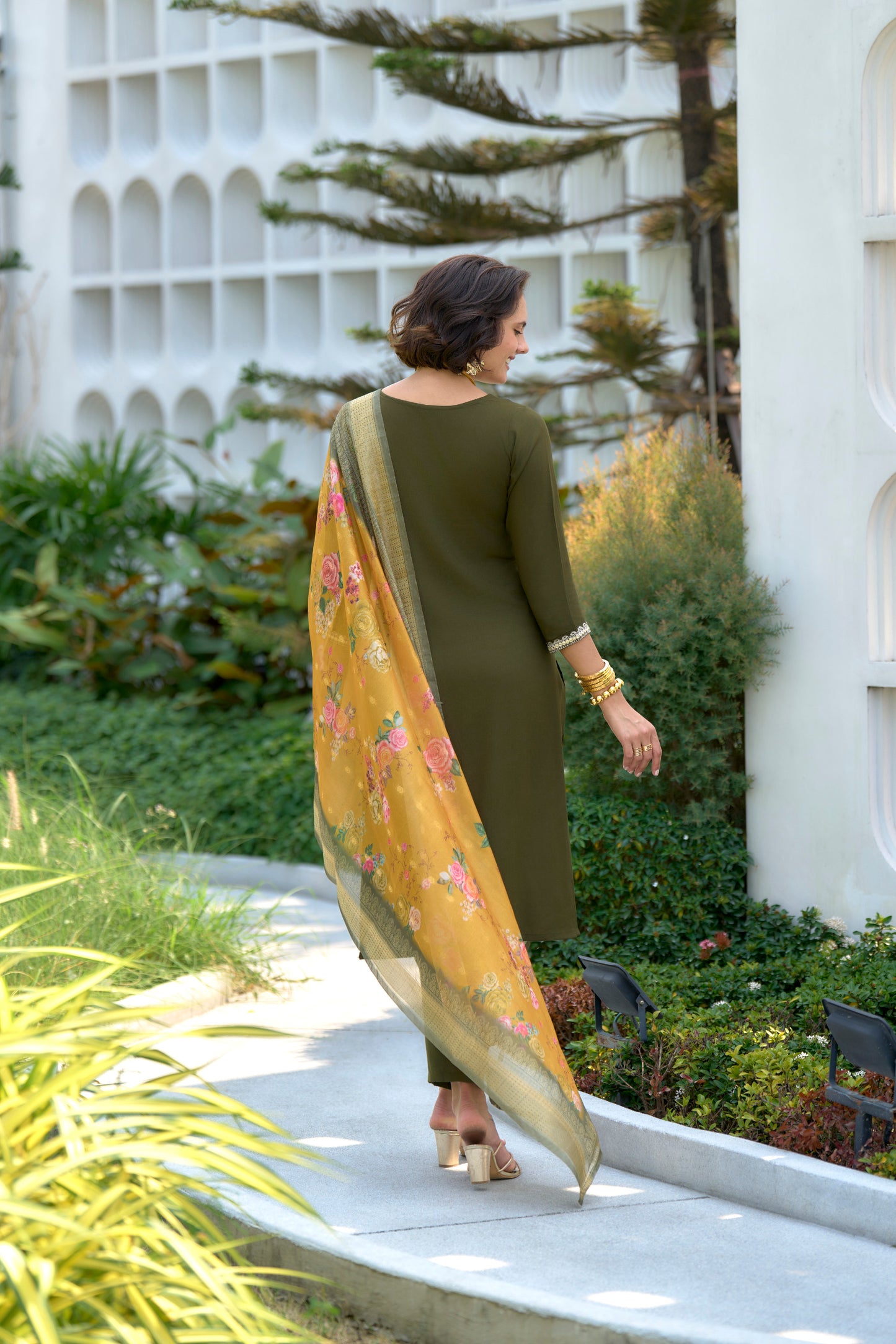 Mehndi-Green Embroidered Viscose-Rayon Kurta Set with Printed Organza Dupatta