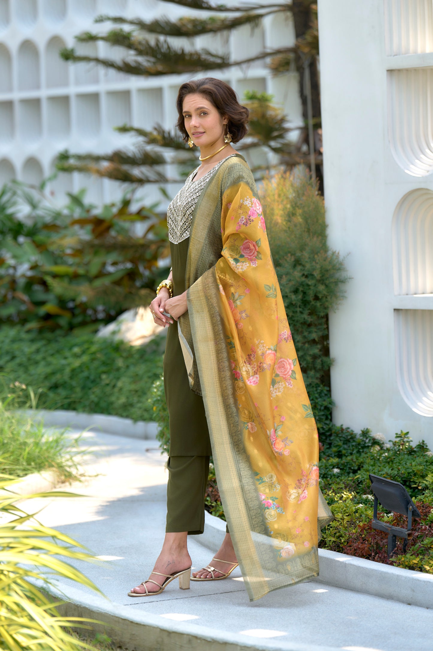 Mehndi-Green Embroidered Viscose-Rayon Kurta Set with Printed Organza Dupatta