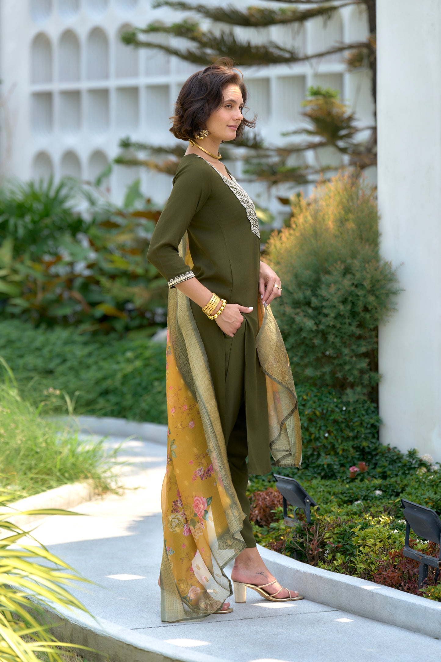 Mehndi-Green Embroidered Viscose-Rayon Kurta Set with Printed Organza Dupatta