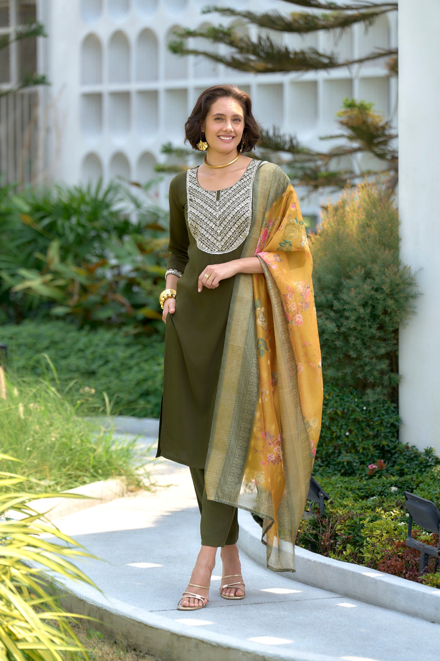 Mehndi-Green Embroidered Viscose-Rayon Kurta Set with Printed Organza Dupatta