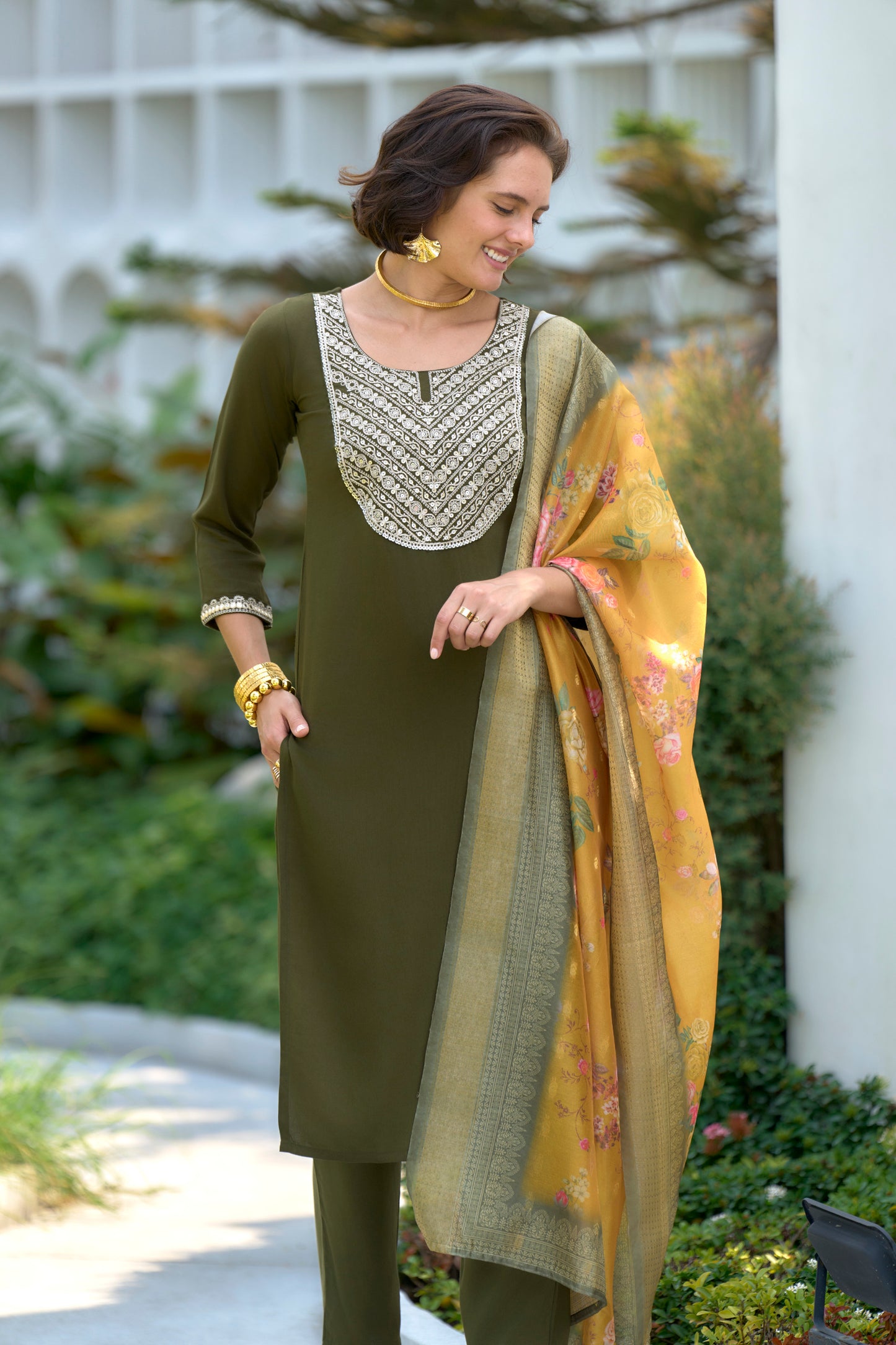 Mehndi-Green Embroidered Viscose-Rayon Kurta Set with Printed Organza Dupatta
