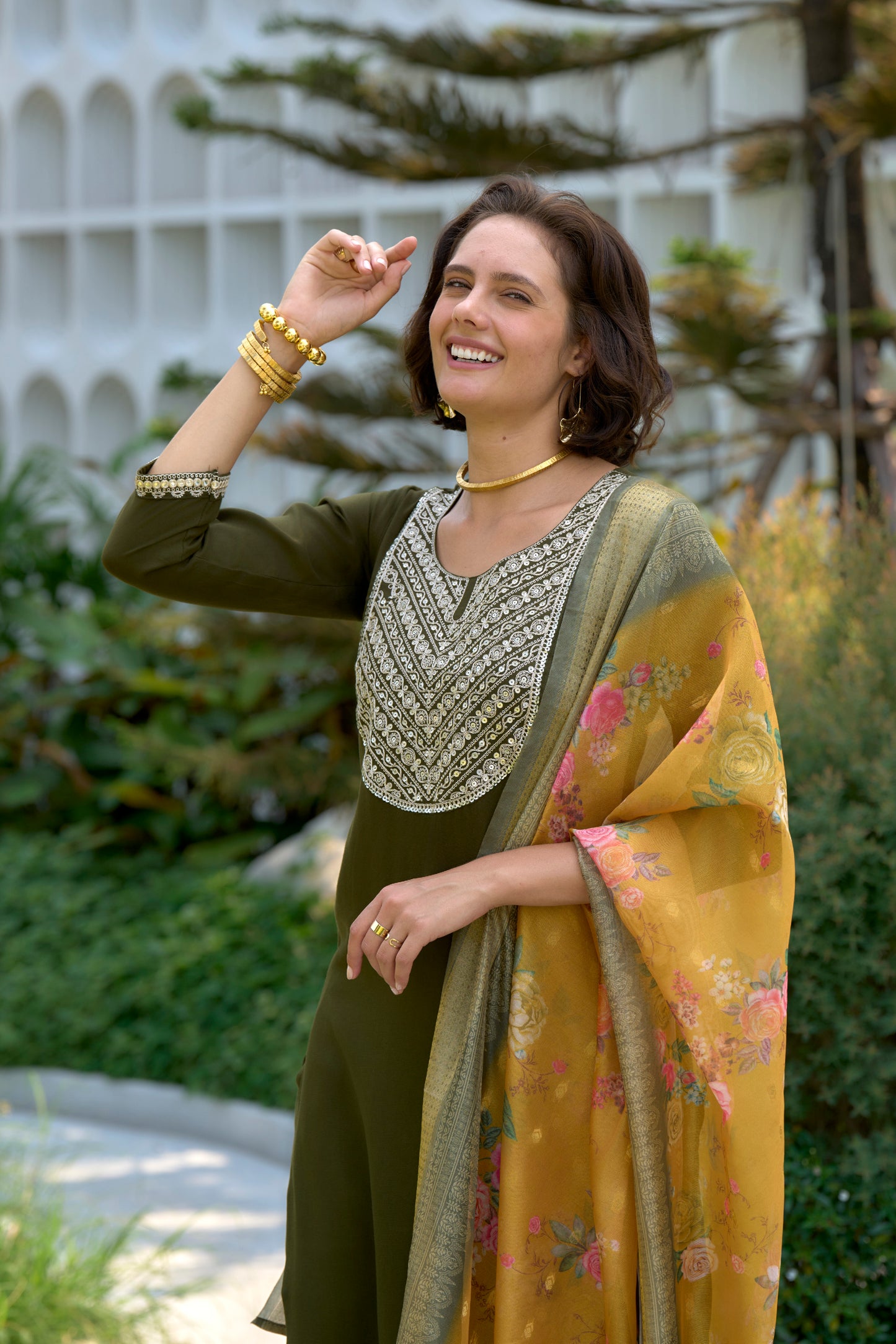 Mehndi-Green Embroidered Viscose-Rayon Kurta Set with Printed Organza Dupatta