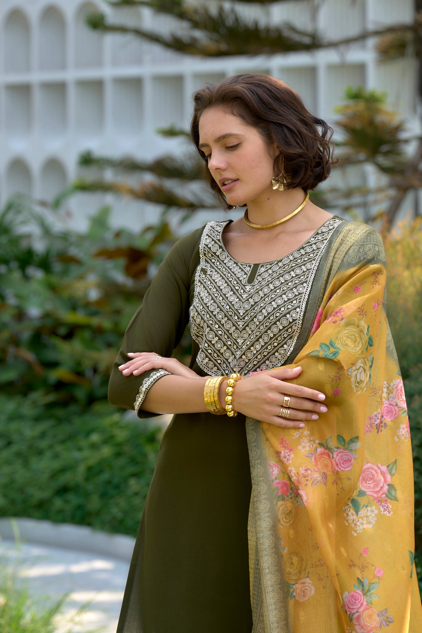 Mehndi-Green Embroidered Viscose-Rayon Kurta Set with Printed Organza Dupatta