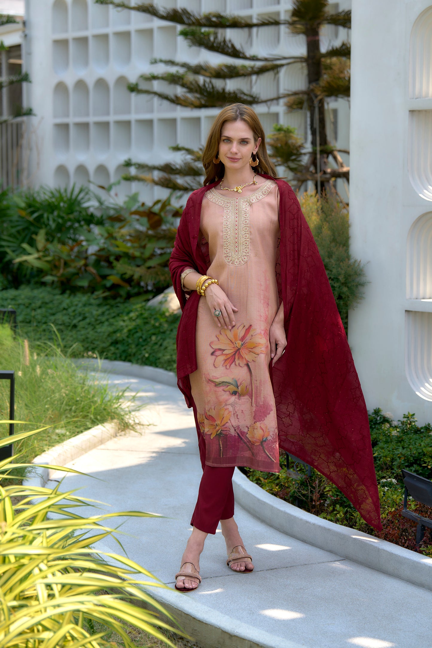 Peach Floral Embroidered Tissue Kurta Set with Viscose Dupatta