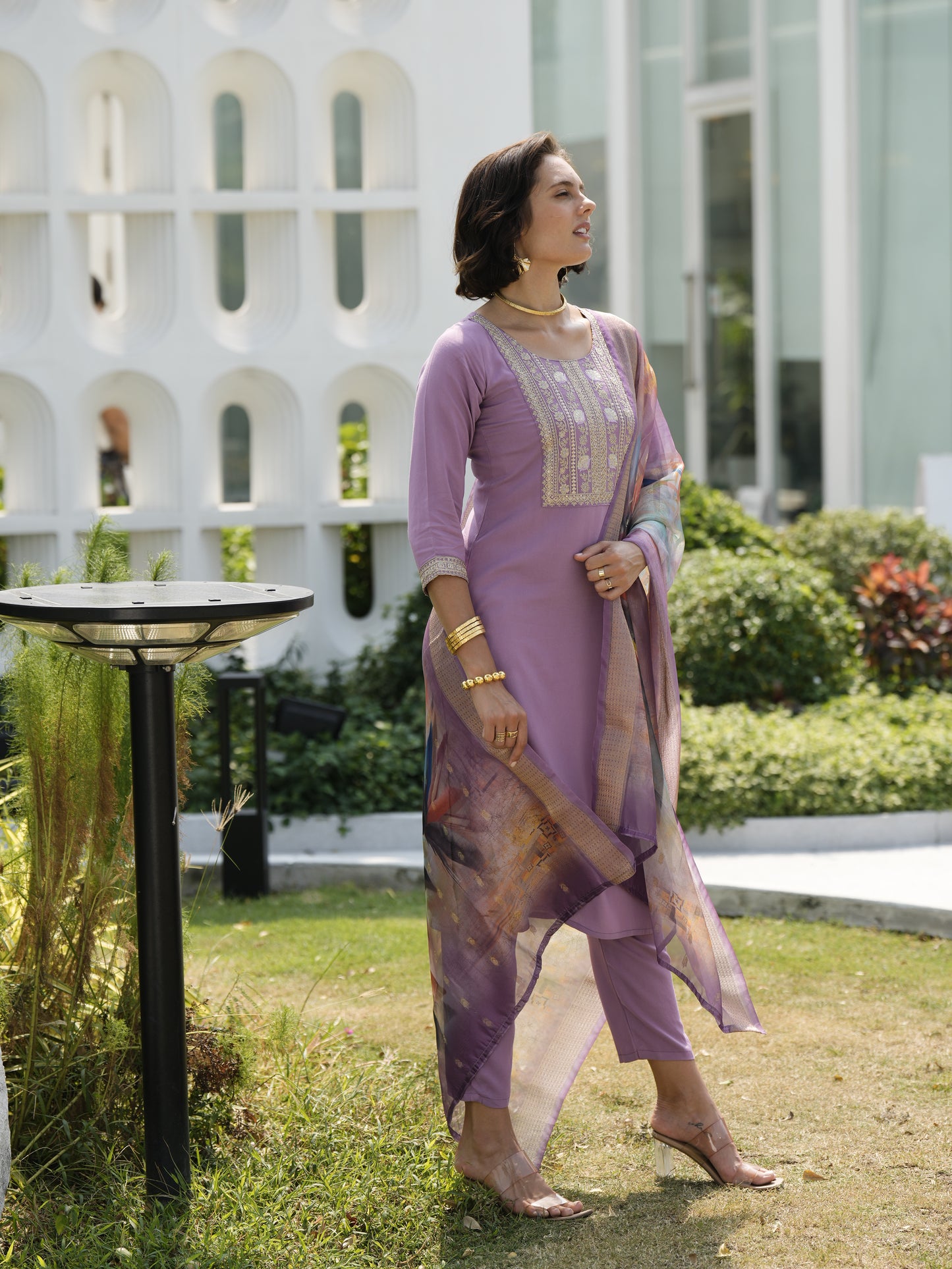 Lavender Viscose-Rayon Embroidered Kurta Set with Organza Jacquard Dupatta