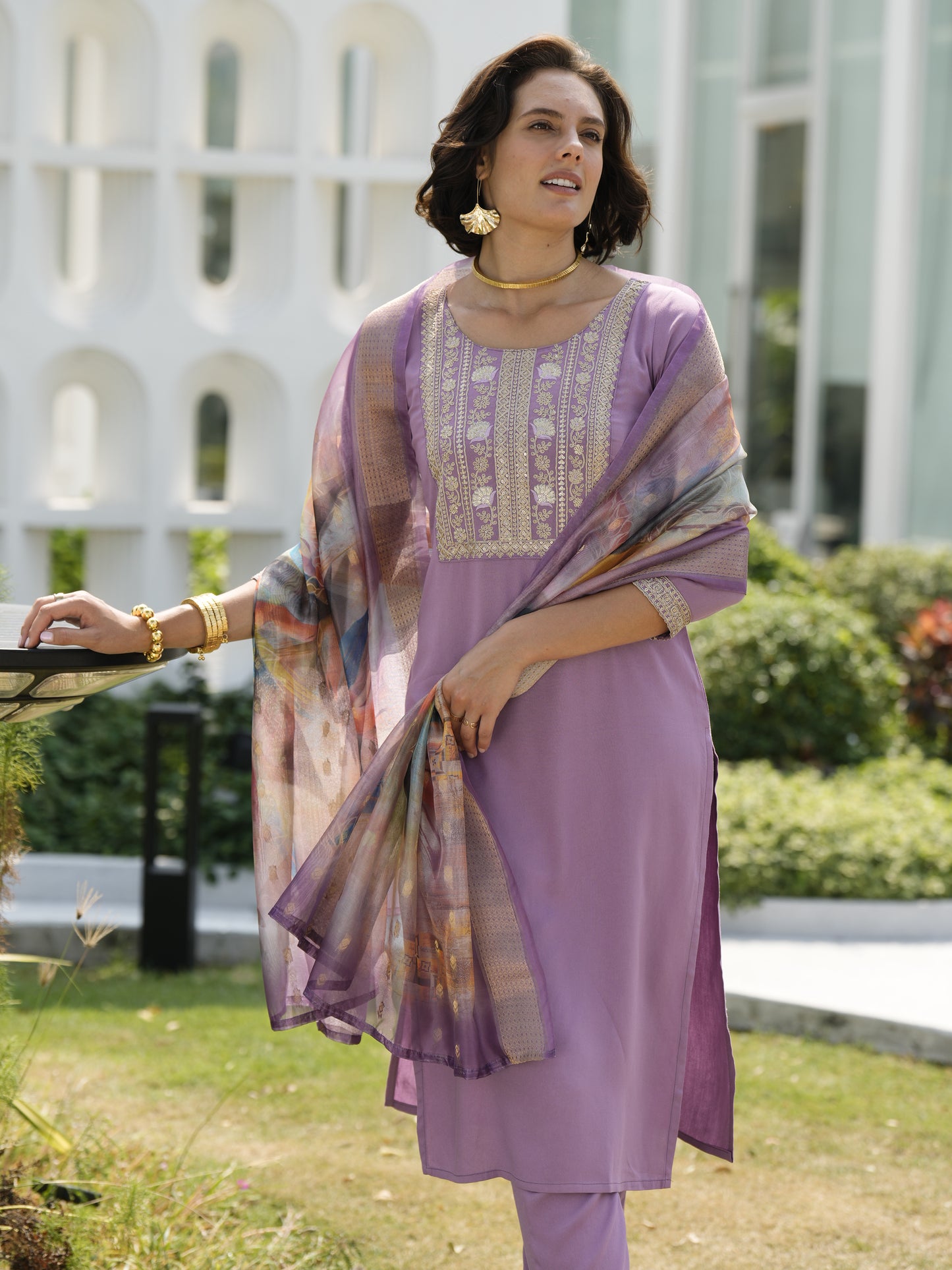 Lavender Viscose-Rayon Embroidered Kurta Set with Organza Jacquard Dupatta
