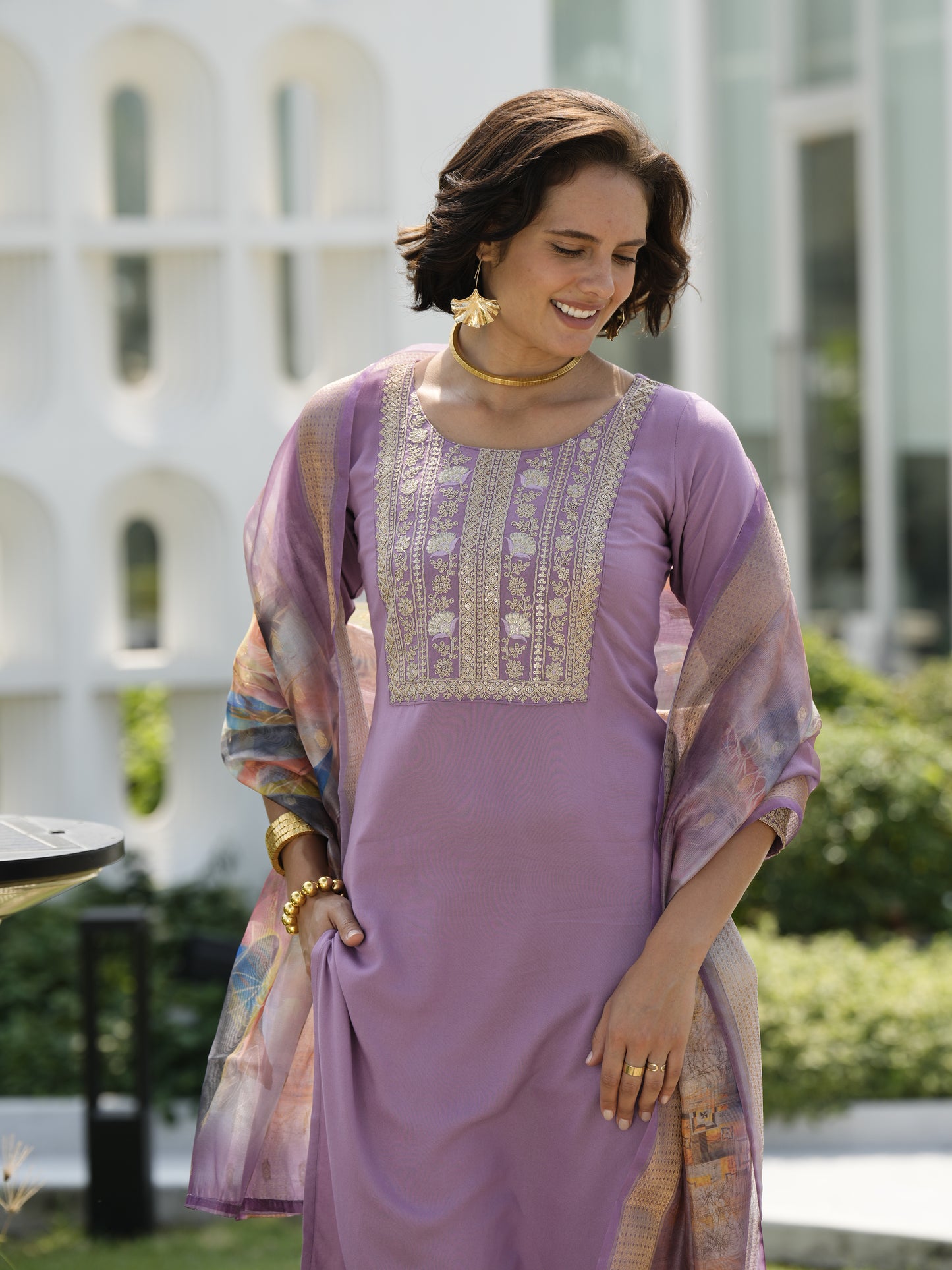 Lavender Viscose-Rayon Embroidered Kurta Set with Organza Jacquard Dupatta