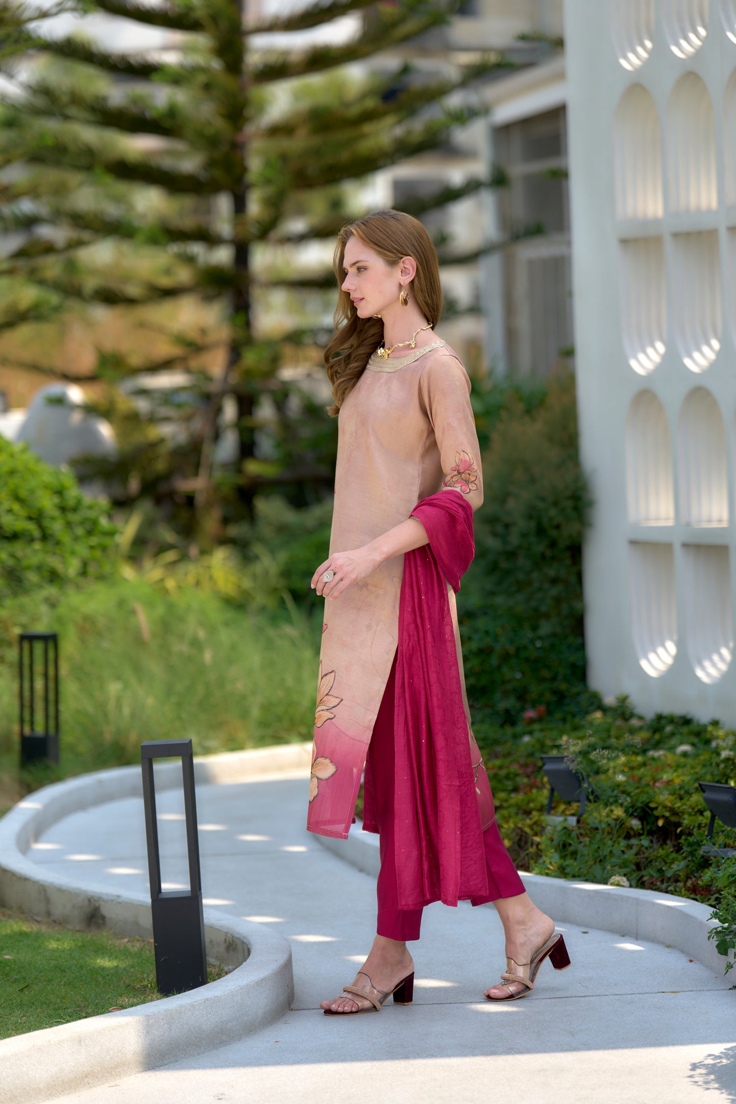 Cream Tissue Floral Embroidered Kurta with Viscose Embroidered Dupatta