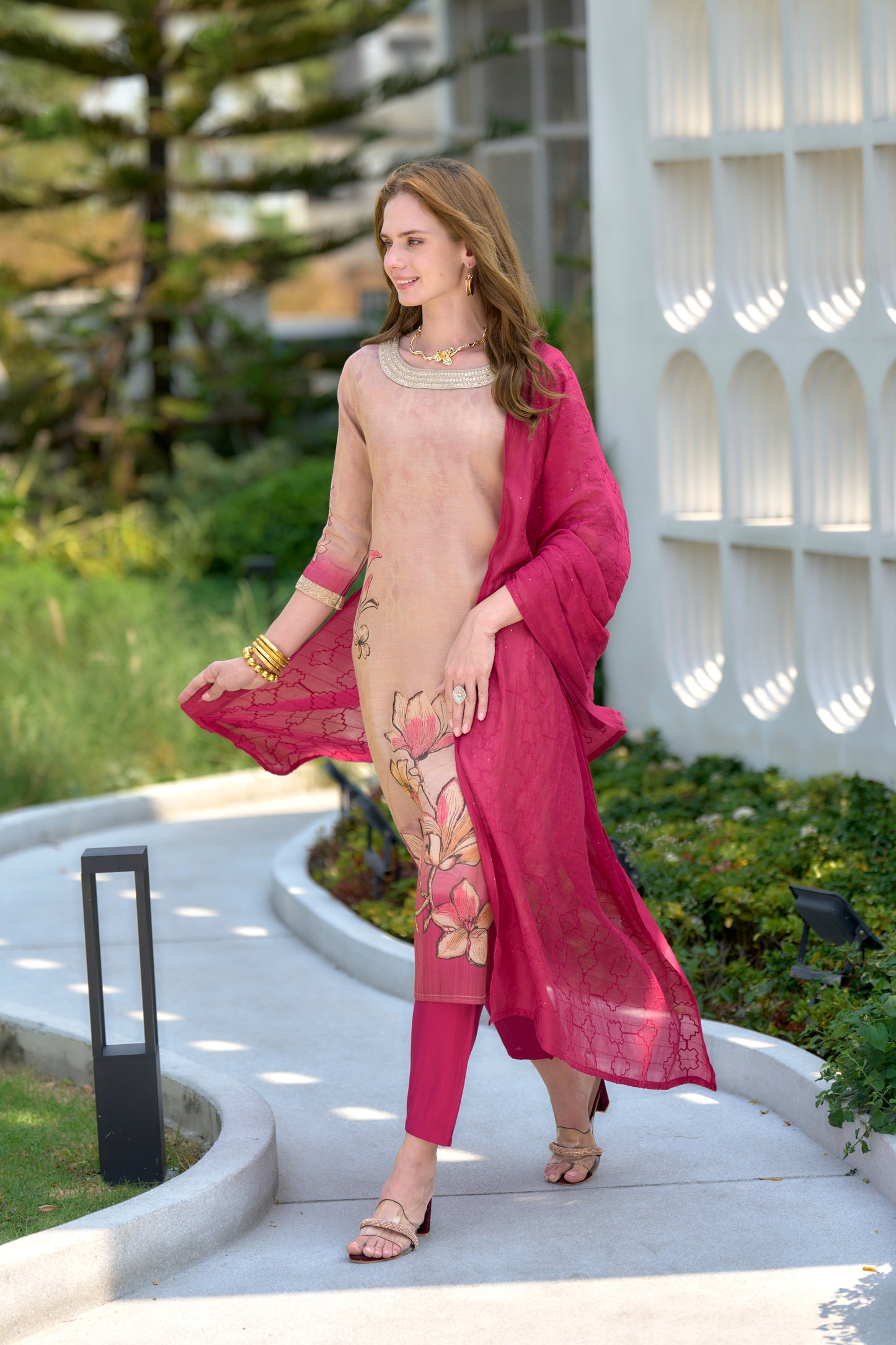 Cream Tissue Floral Embroidered Kurta with Viscose Embroidered Dupatta