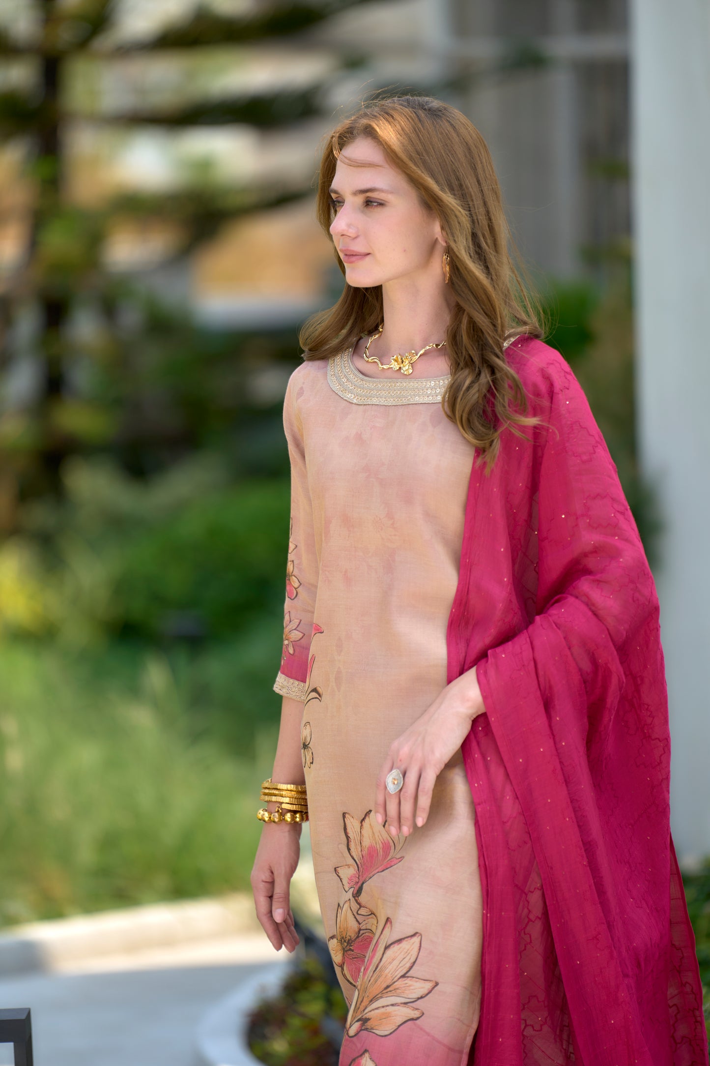 Cream Tissue Floral Embroidered Kurta with Viscose Embroidered Dupatta
