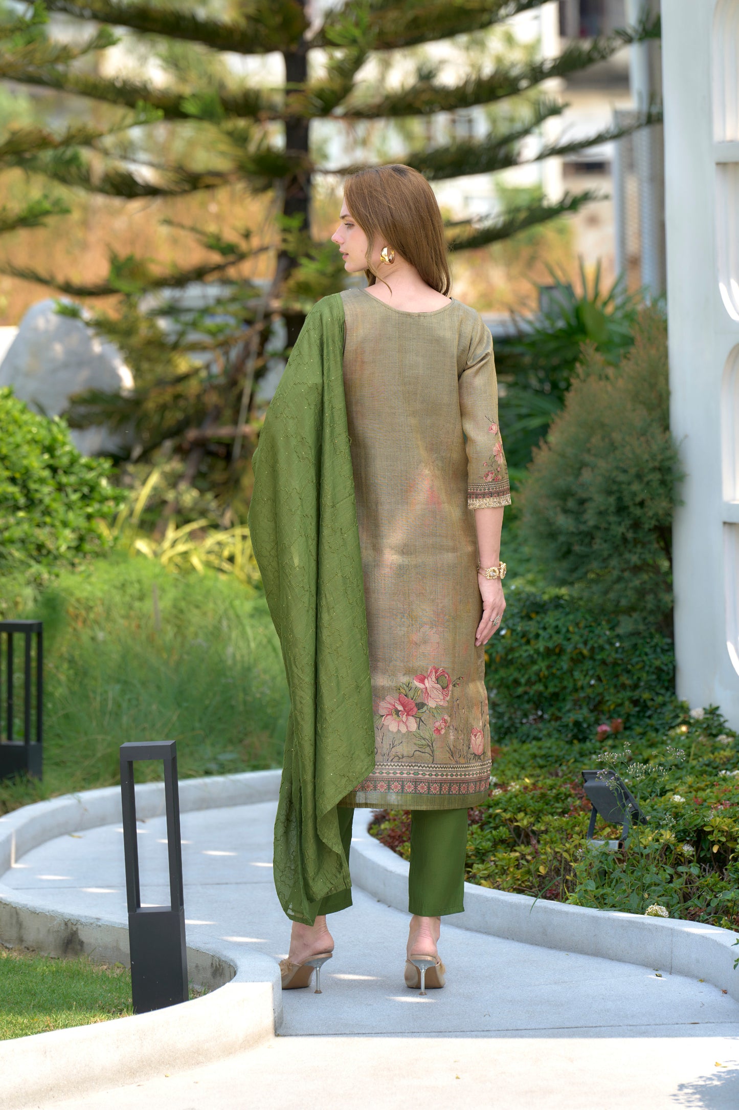 Moss Green Tissue Kurta Set with Embroidered Viscose Dupatta