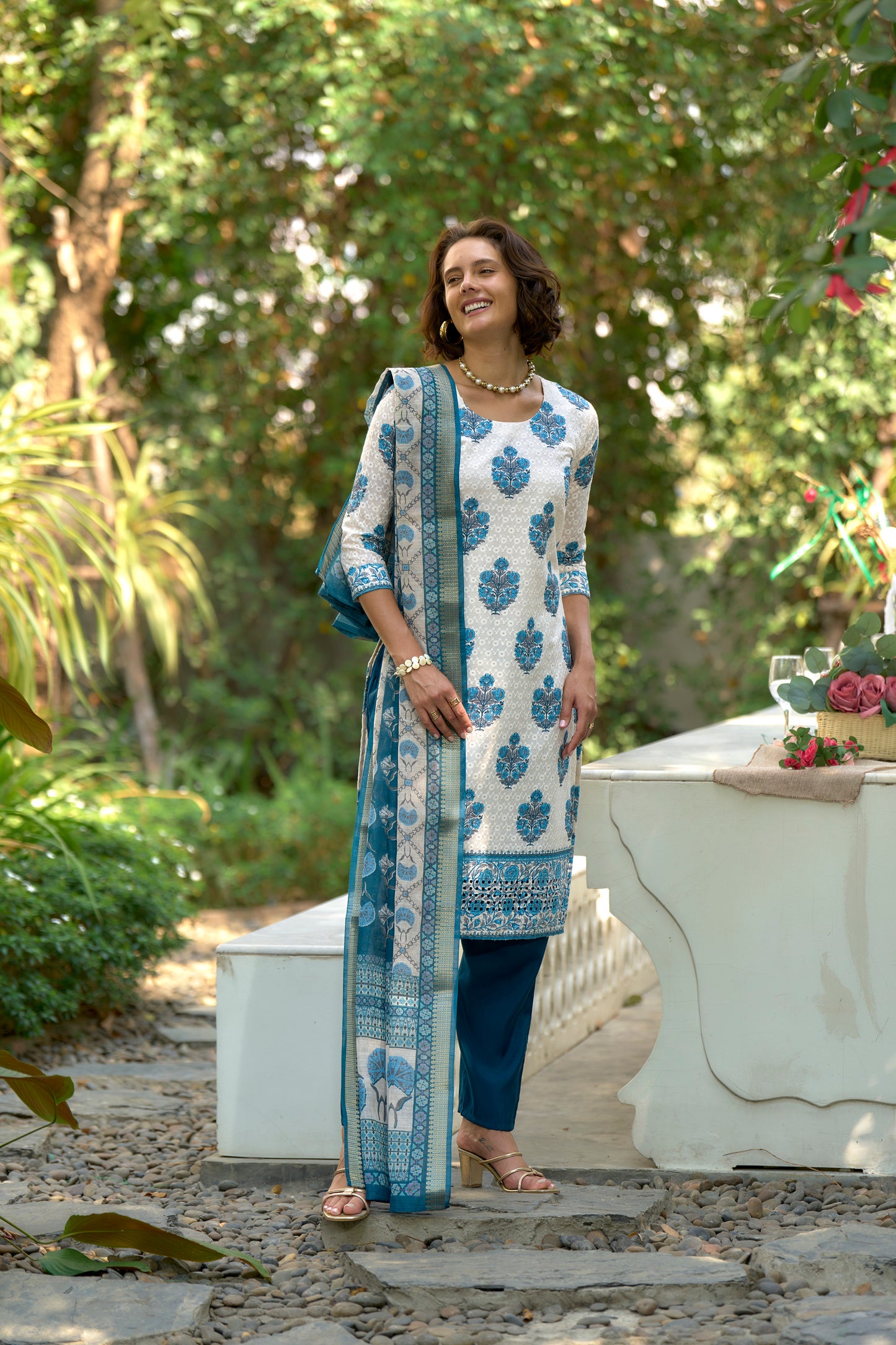 White Cotton Printed Kurta Set with Embroidered Neckline & Linen Dupatta