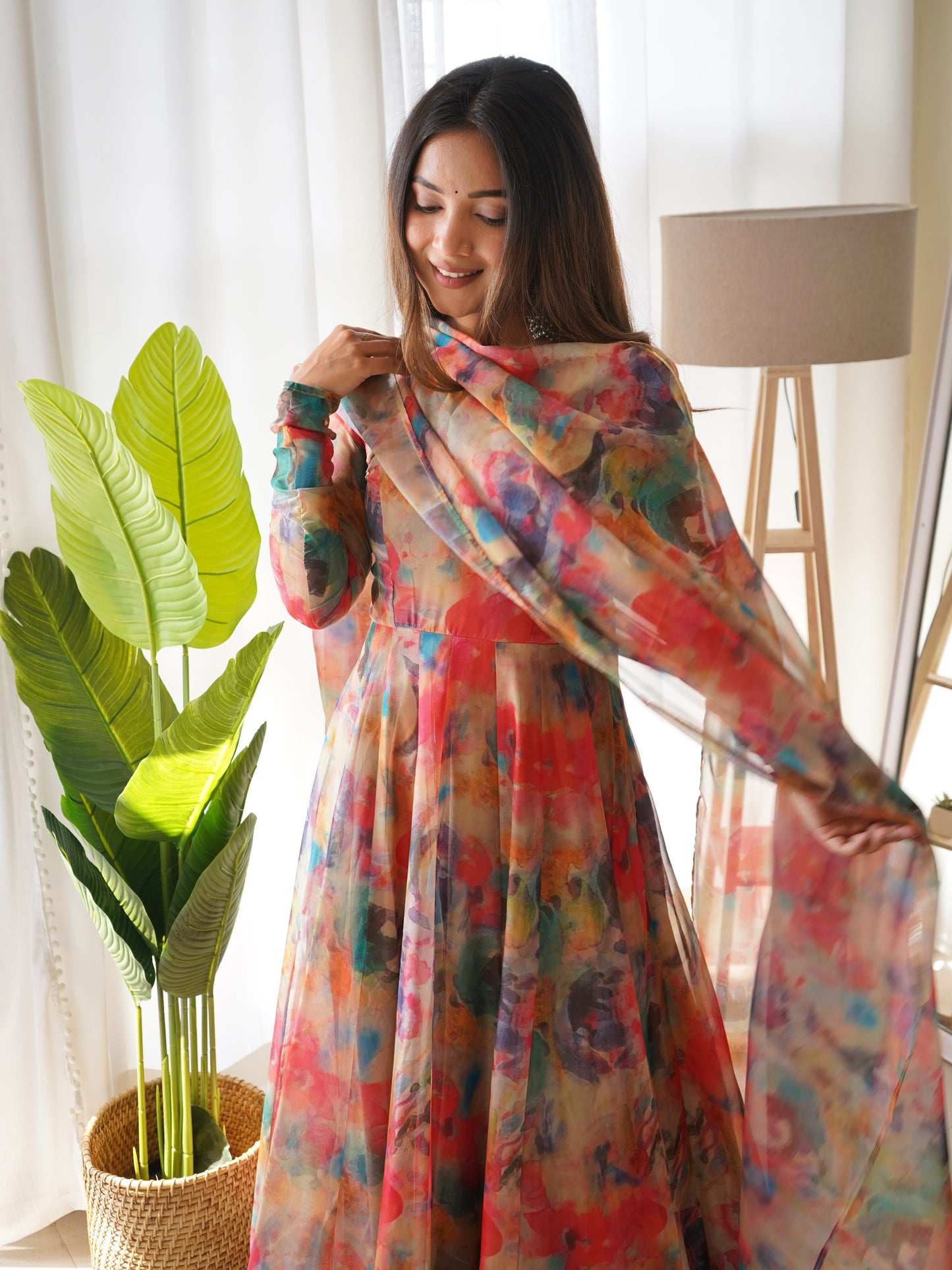 Multicolor Digital Print Organza Silk Red Kurta Set By Stylish Ethnic