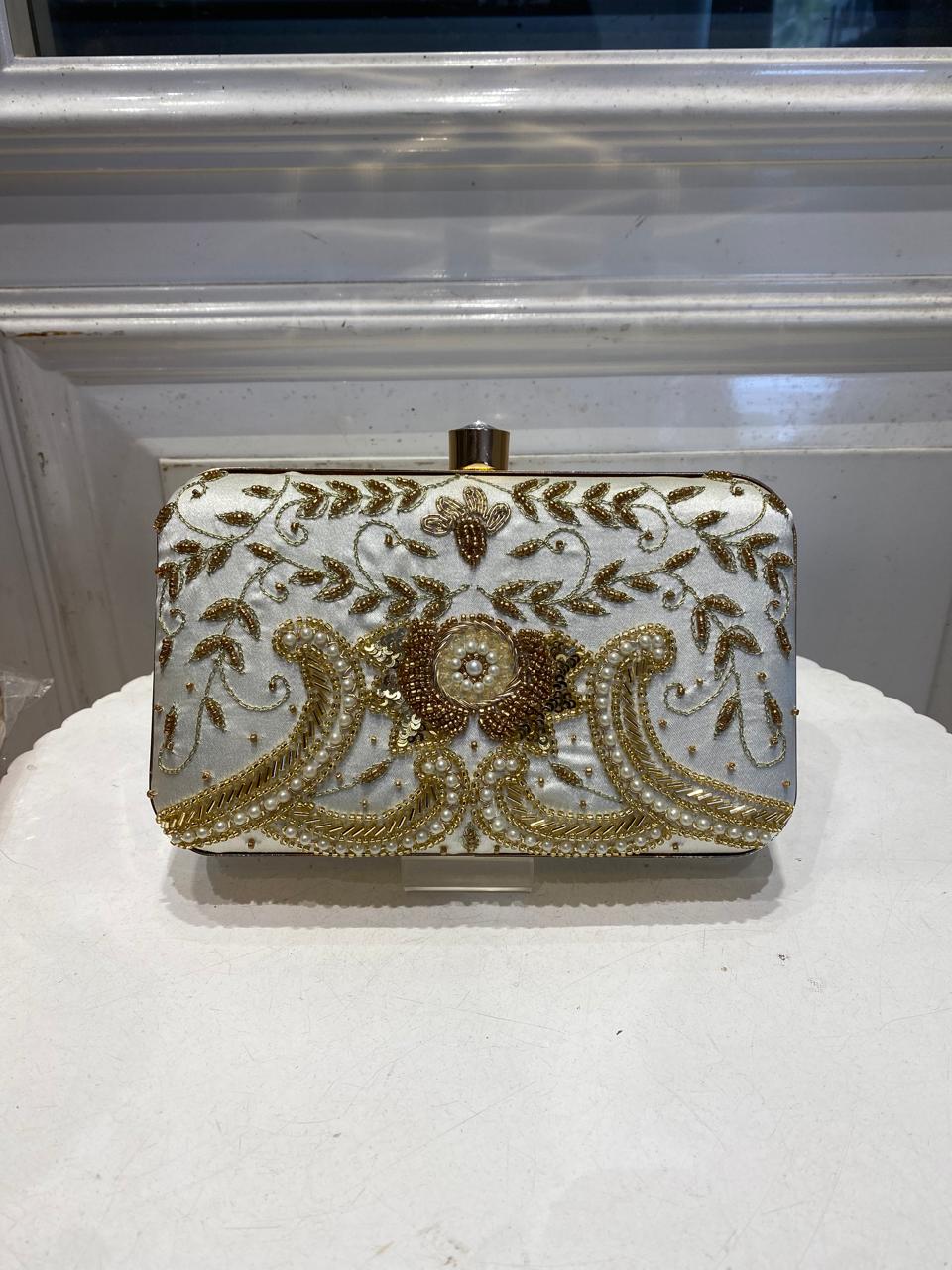 Poly Satin White Clutch Bag for Women – Detachable Chain, Perfect for Bridal & Party Wear