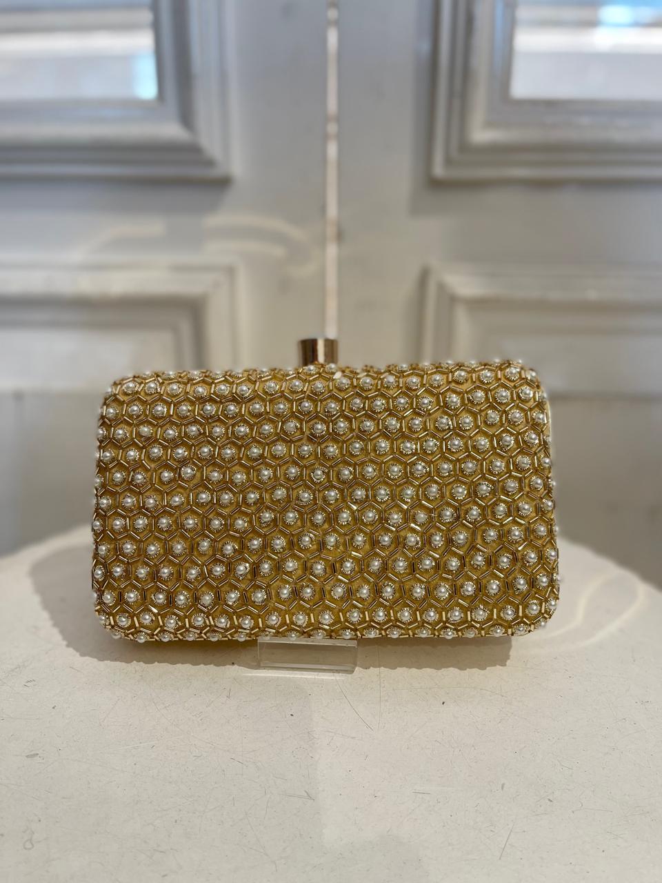 Gold Poly Satin Clutch Bag for Women – Detachable Chain, Perfect for Bridal & Party Wear