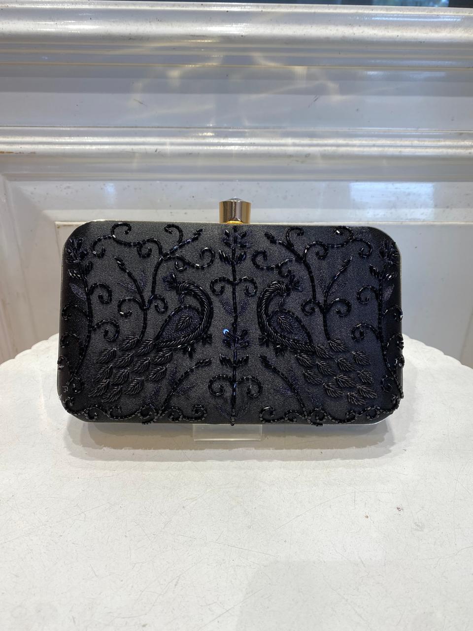 Black Poly Satin Clutch Bag for Women – Detachable Chain, Perfect for Bridal & Party Wear