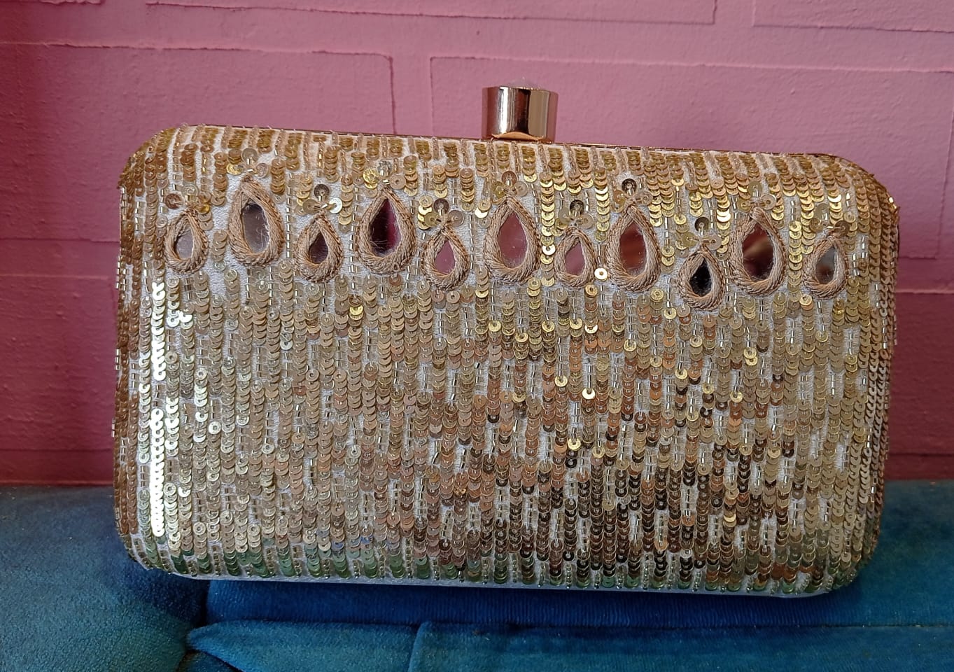 White Gold Poly Satin Clutch Bag for Women – Detachable Chain, Lightweight Party & Bridal Purse