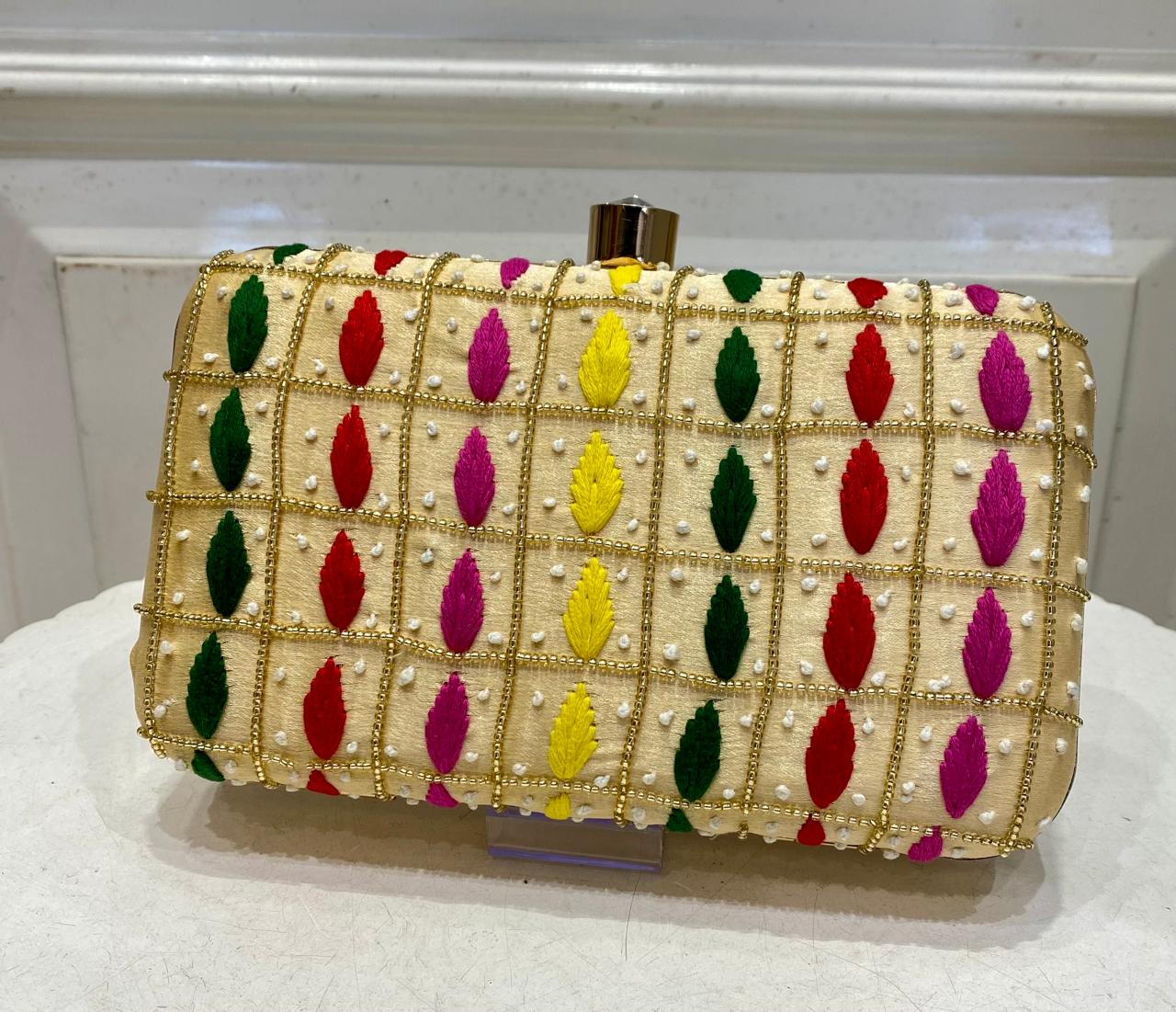 Multicolor Poly Satin Clutch for Women – Detachable Chain