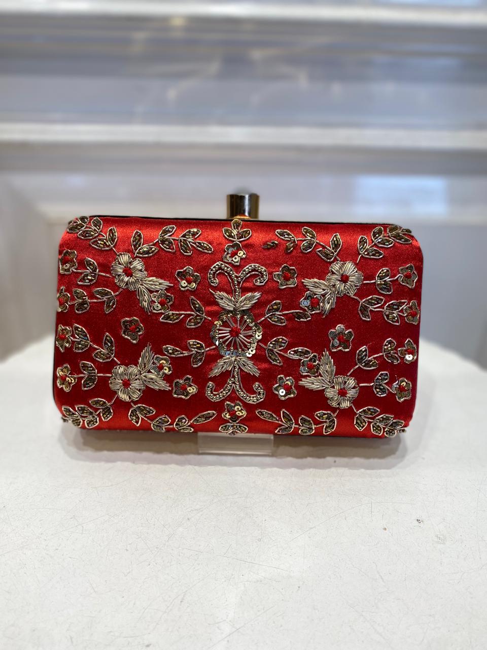 Red Premium Poly Satin Clutch Bag for Women – Detachable Chain, Compact Bridal & Party Purse