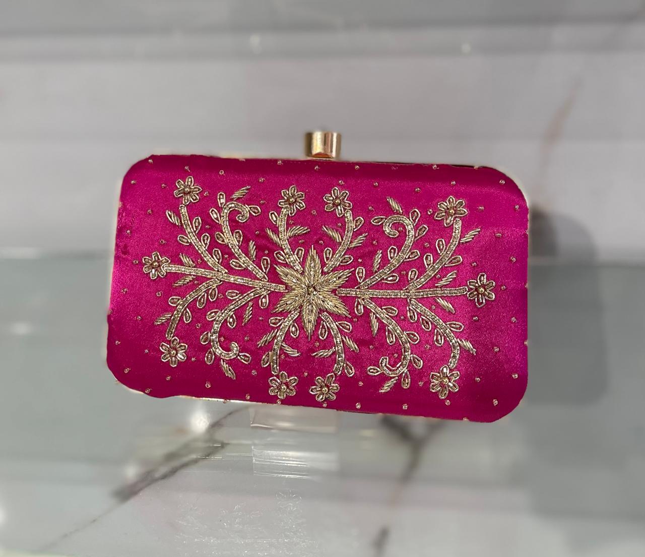 Elegant Rani Pink Poly Satin Clutch Bag with Detachable Chain