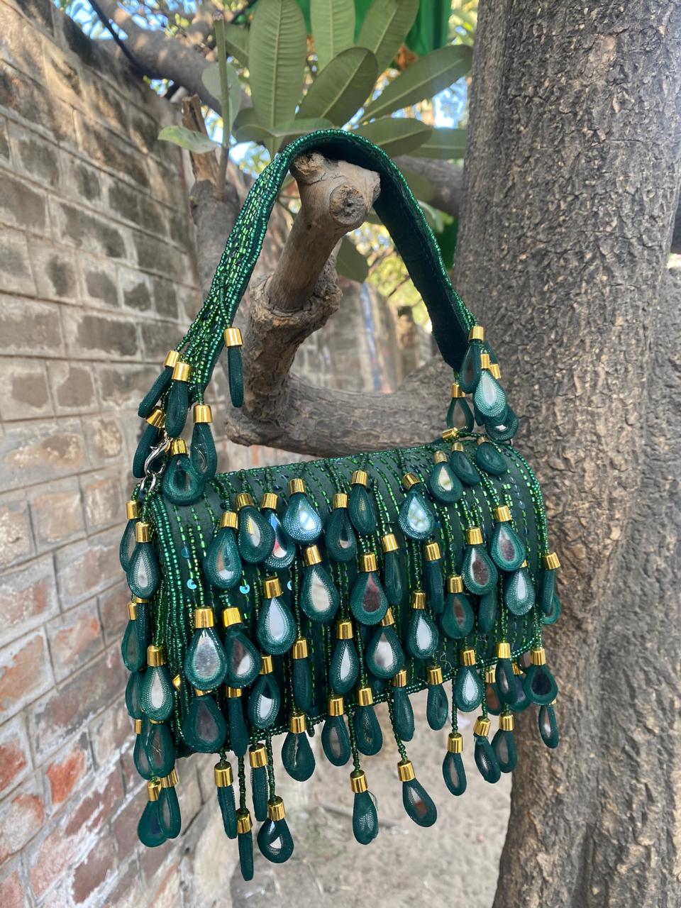 Mirror Flap Green Bag with Drop Mirror Tassel – Stylish Evening Clutch for Women