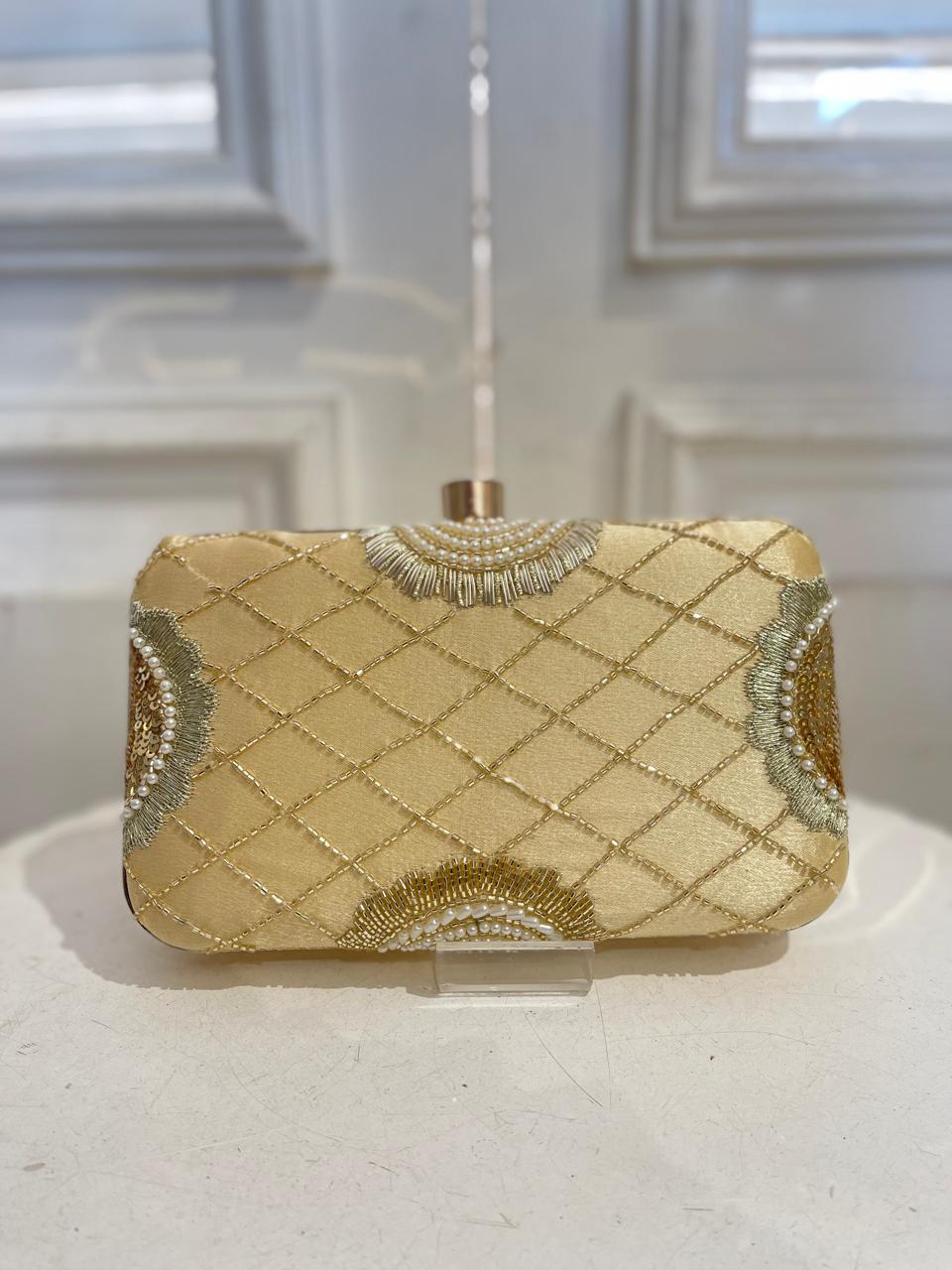 Elegant Gold Poly Satin Clutch Bag with Detachable Chain