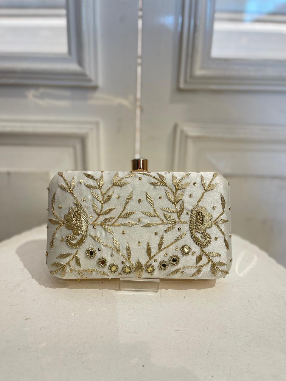 Elegant White Poly Satin Clutch Bag with Detachable Chain